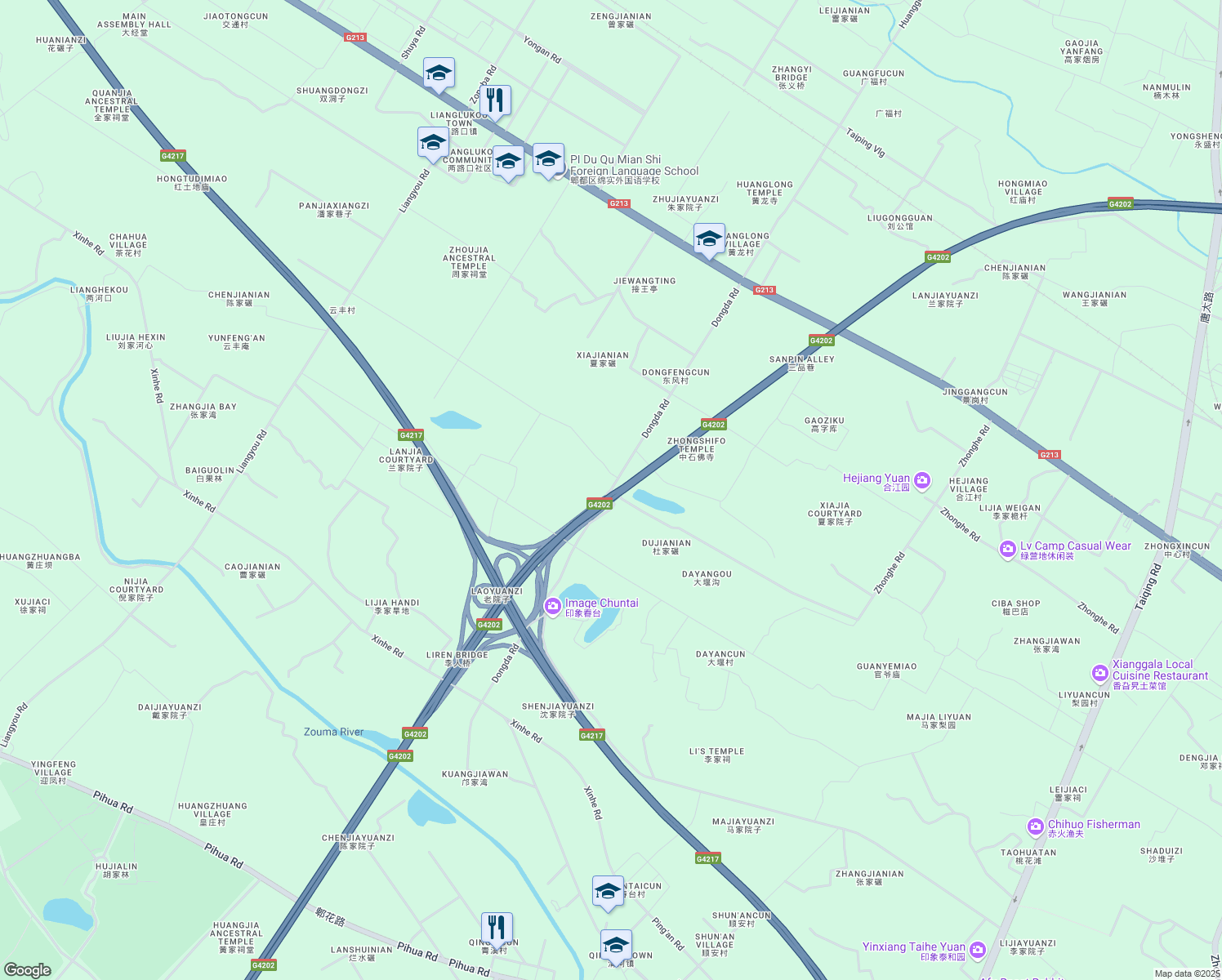 map of restaurants, bars, coffee shops, grocery stores, and more near Dong Da Lu in Cheng Du Shi