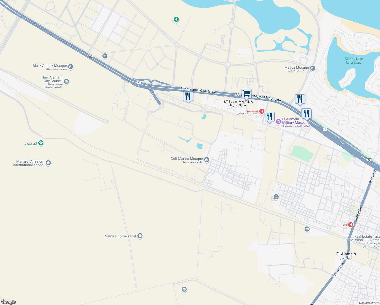 map of restaurants, bars, coffee shops, grocery stores, and more near in El Alamein