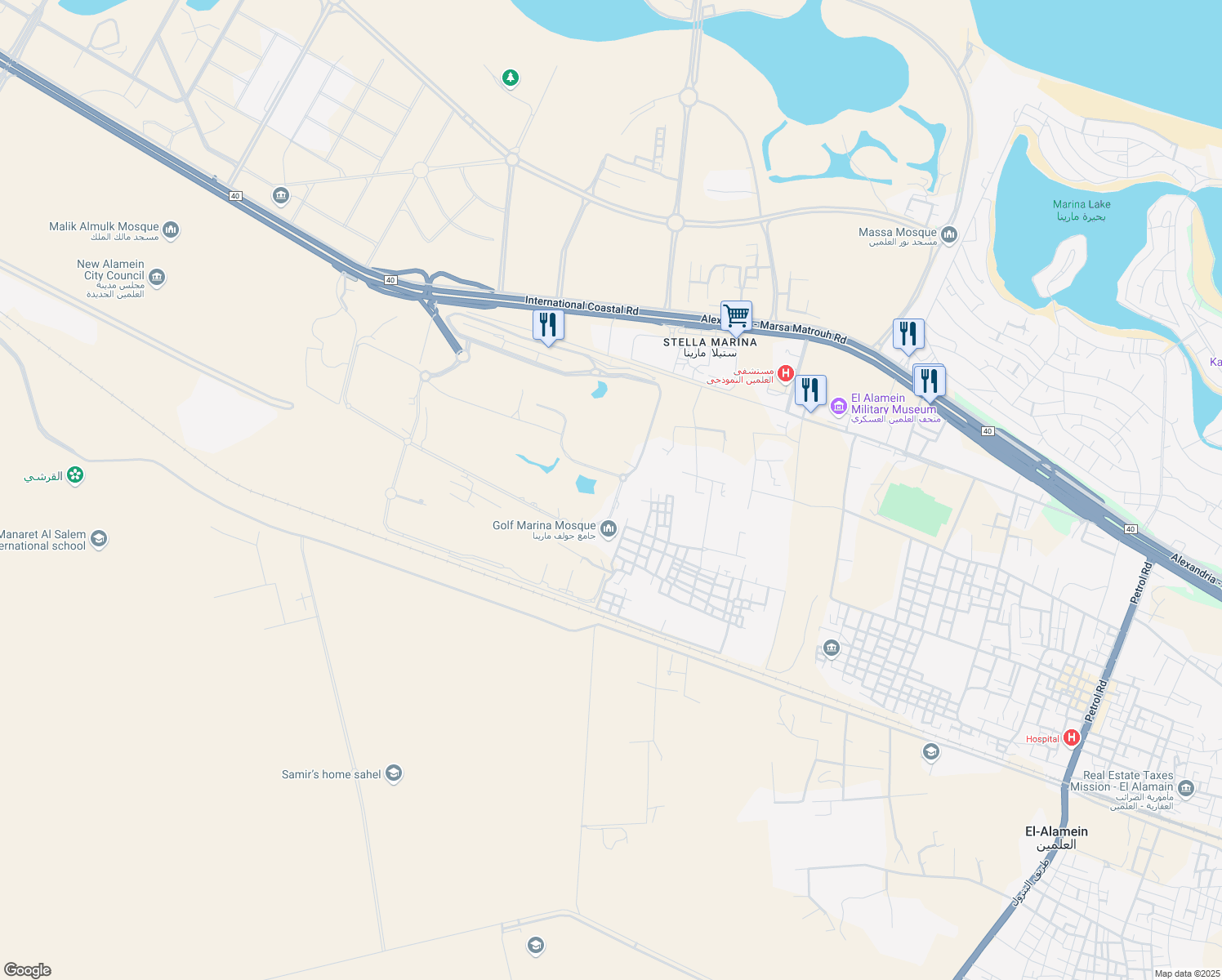 map of restaurants, bars, coffee shops, grocery stores, and more near in El Alamein