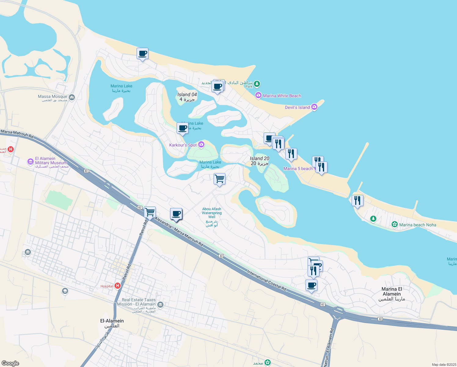 map of restaurants, bars, coffee shops, grocery stores, and more near in Marina El Alamein