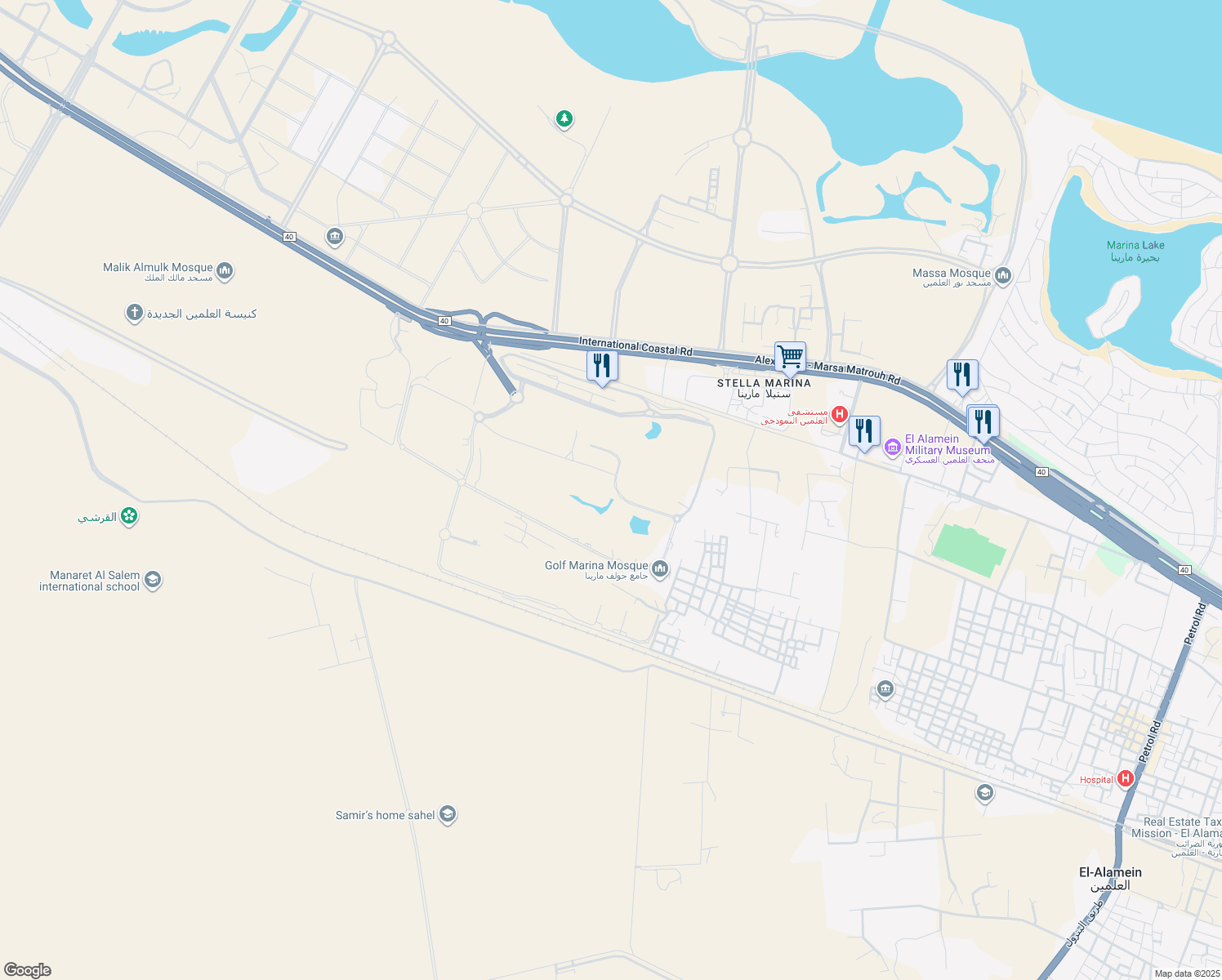 map of restaurants, bars, coffee shops, grocery stores, and more near in El Alamein