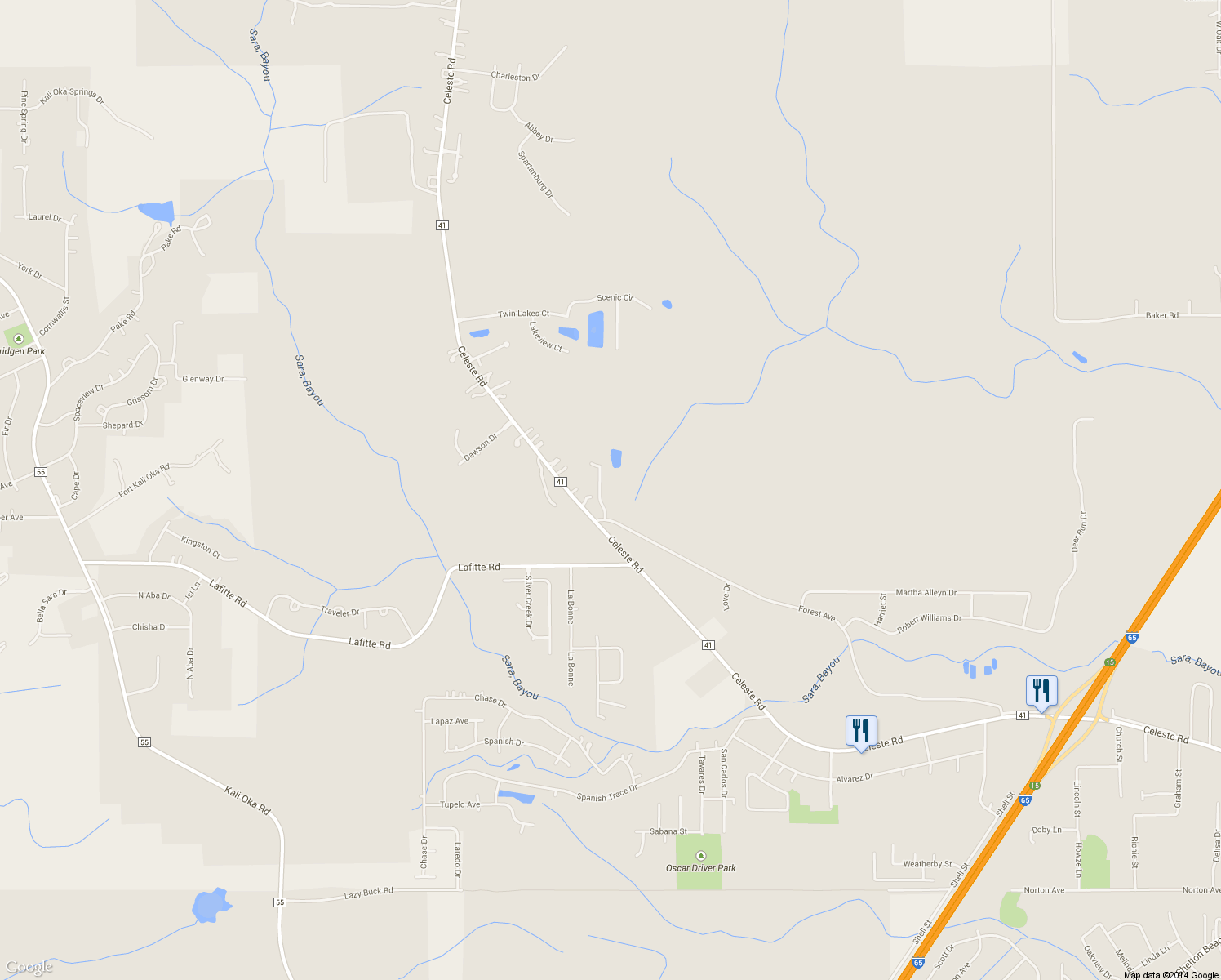 map of restaurants, bars, coffee shops, grocery stores, and more near 3425 Forest Ridge Court in Saraland