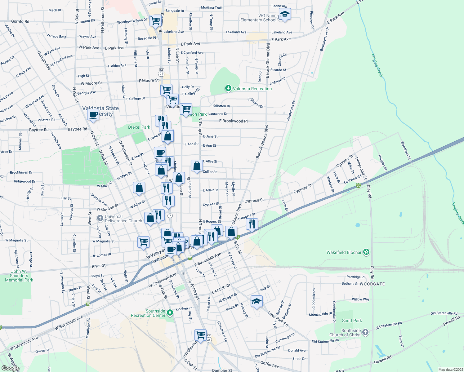 map of restaurants, bars, coffee shops, grocery stores, and more near 802 Myrtle Street in Valdosta