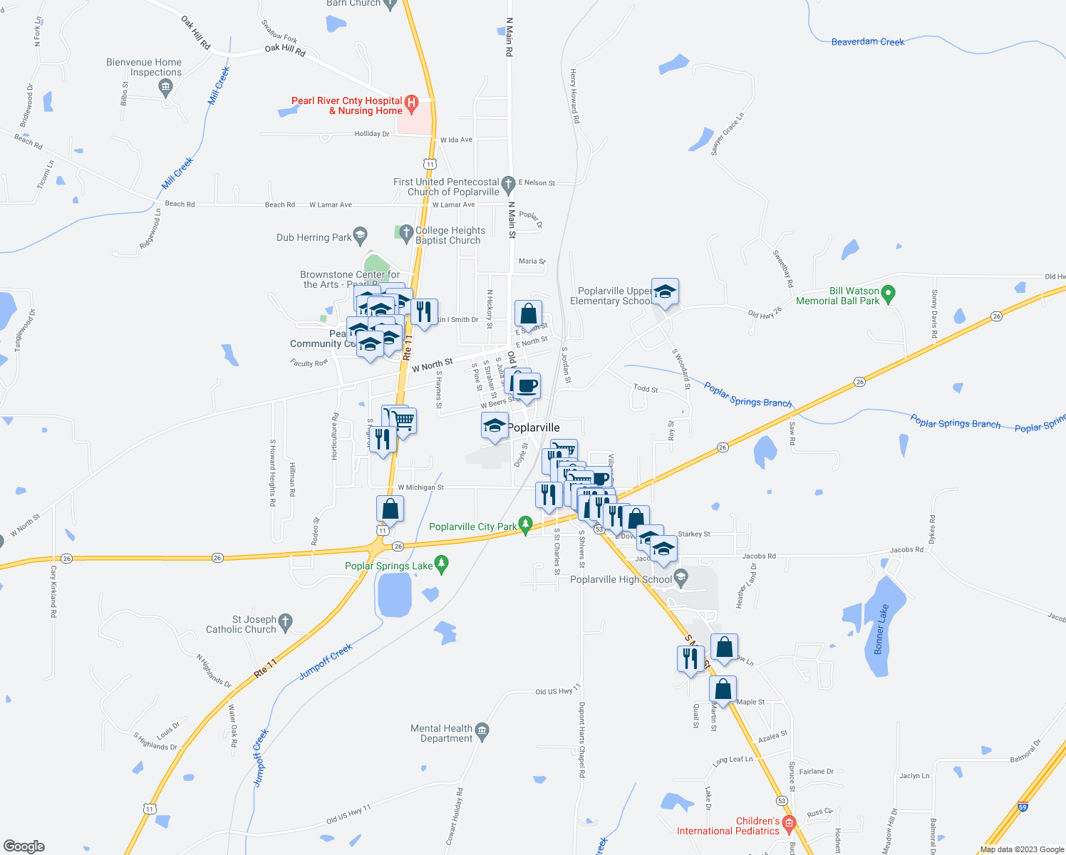 map of restaurants, bars, coffee shops, grocery stores, and more near 0 Ms Southern Road in Poplarville