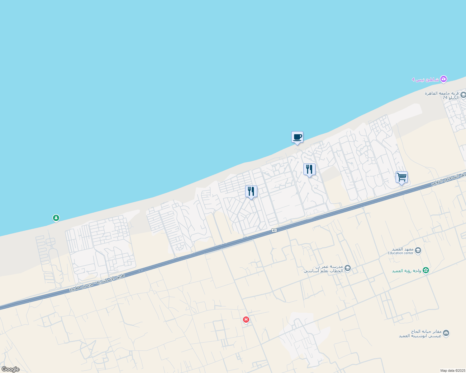 map of restaurants, bars, coffee shops, grocery stores, and more near in El-Alamein
