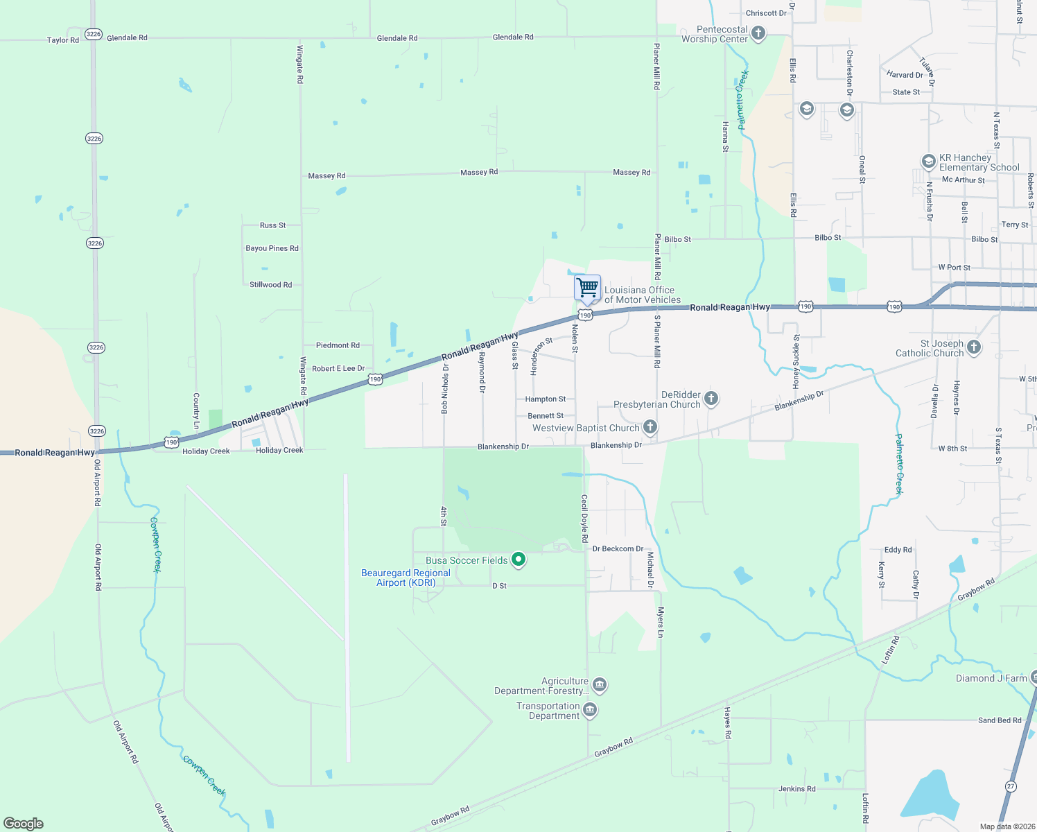 map of restaurants, bars, coffee shops, grocery stores, and more near 100 Bennett Street in DeRidder