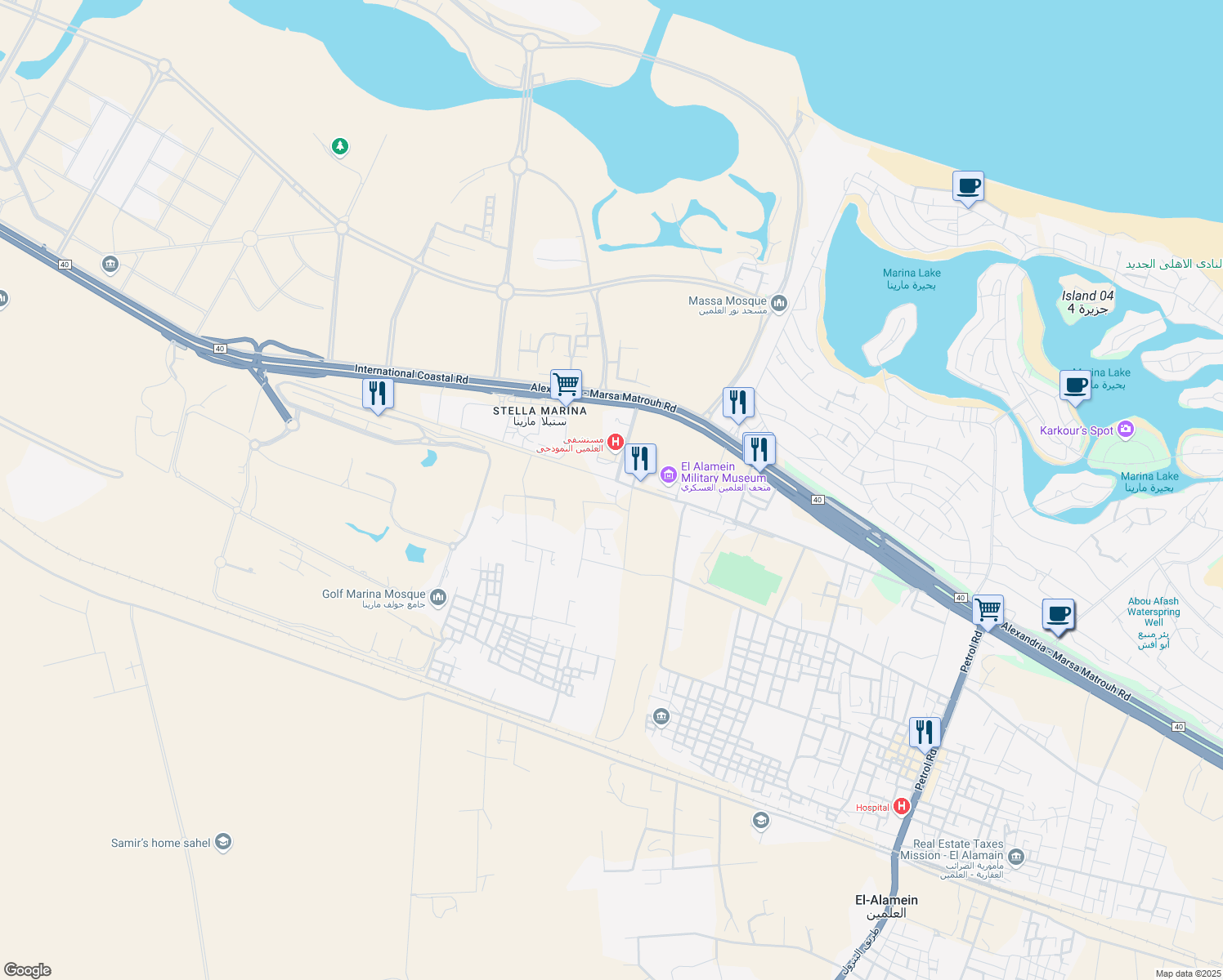 map of restaurants, bars, coffee shops, grocery stores, and more near in العلمين