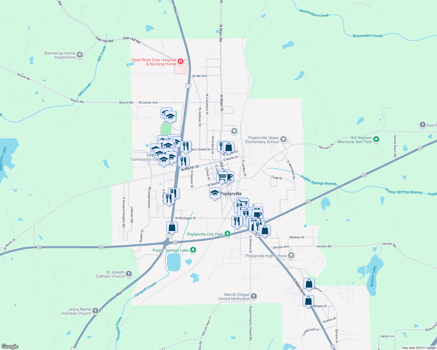 map of restaurants, bars, coffee shops, grocery stores, and more near 284 West Pearl Street in Poplarville