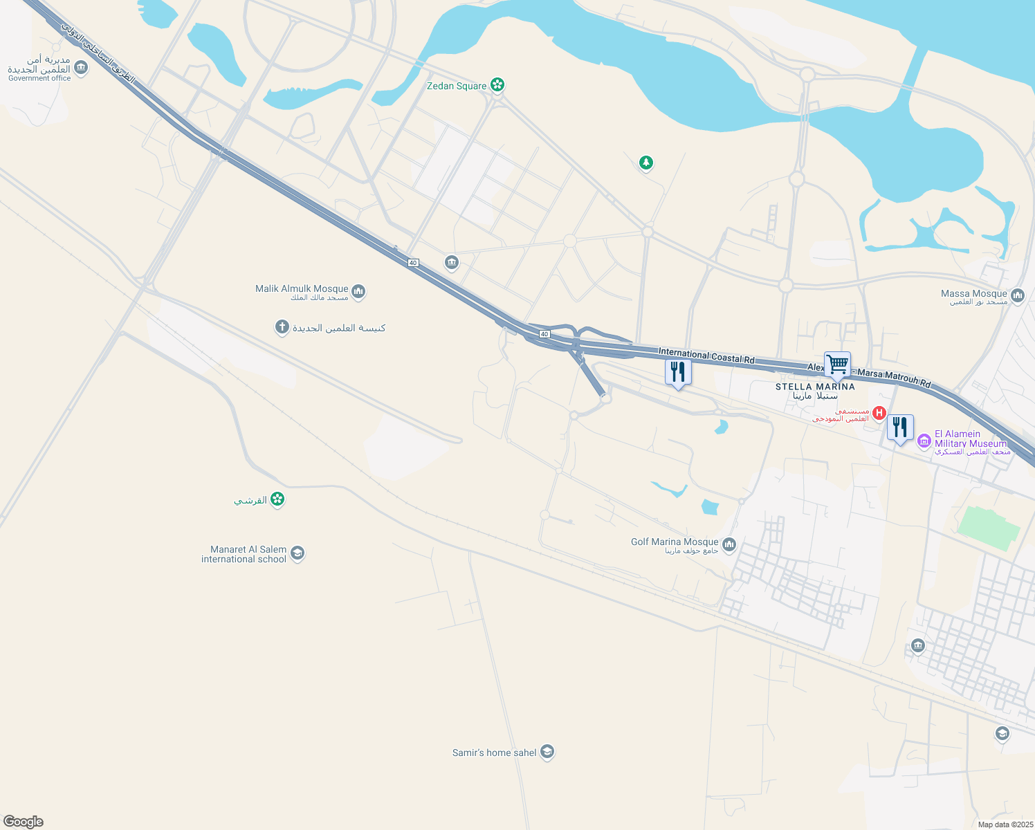 map of restaurants, bars, coffee shops, grocery stores, and more near Alexandria - Marsa Matrouh Road in Markaz Al Alamein