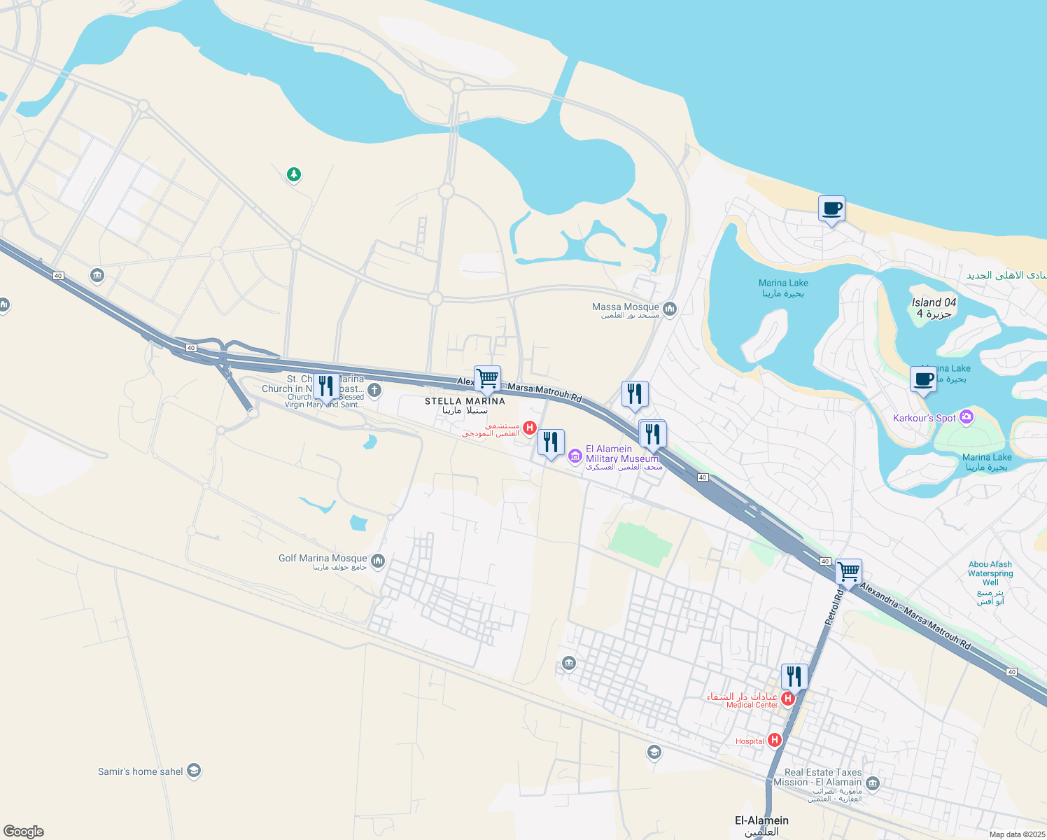map of restaurants, bars, coffee shops, grocery stores, and more near in El Alamein