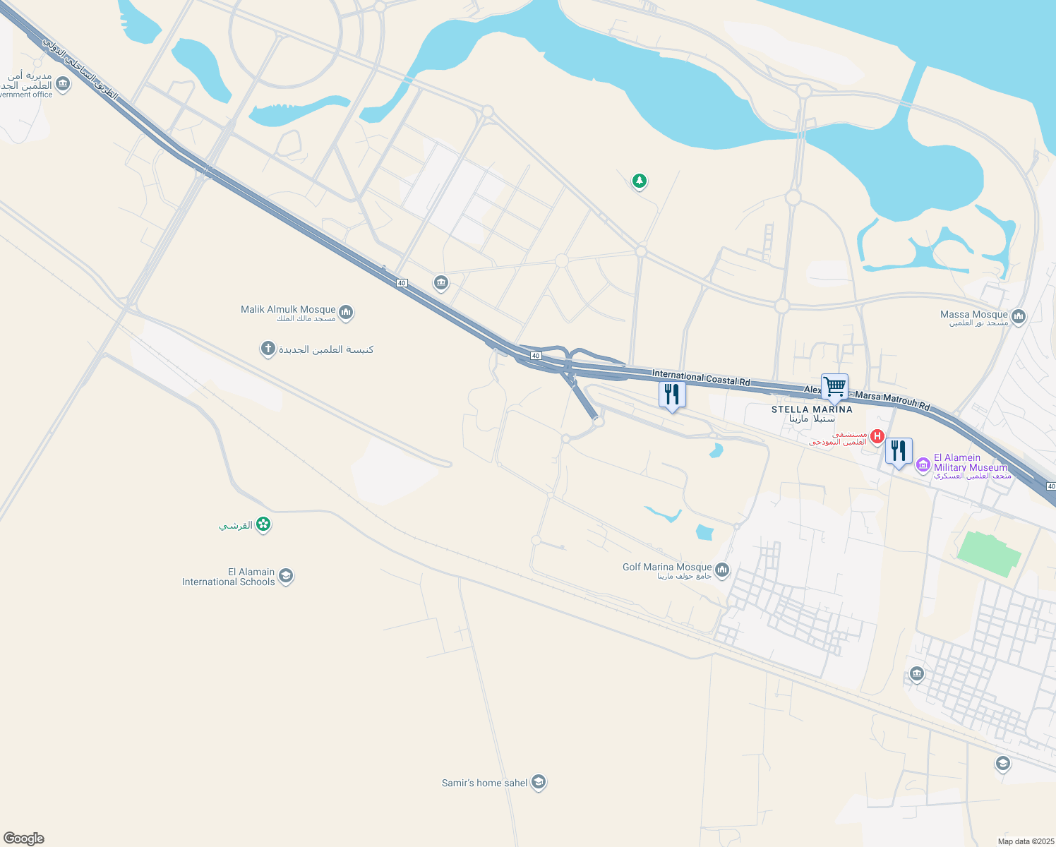 map of restaurants, bars, coffee shops, grocery stores, and more near Alexandria - Marsa Matrouh Road in Markaz Al Alamein