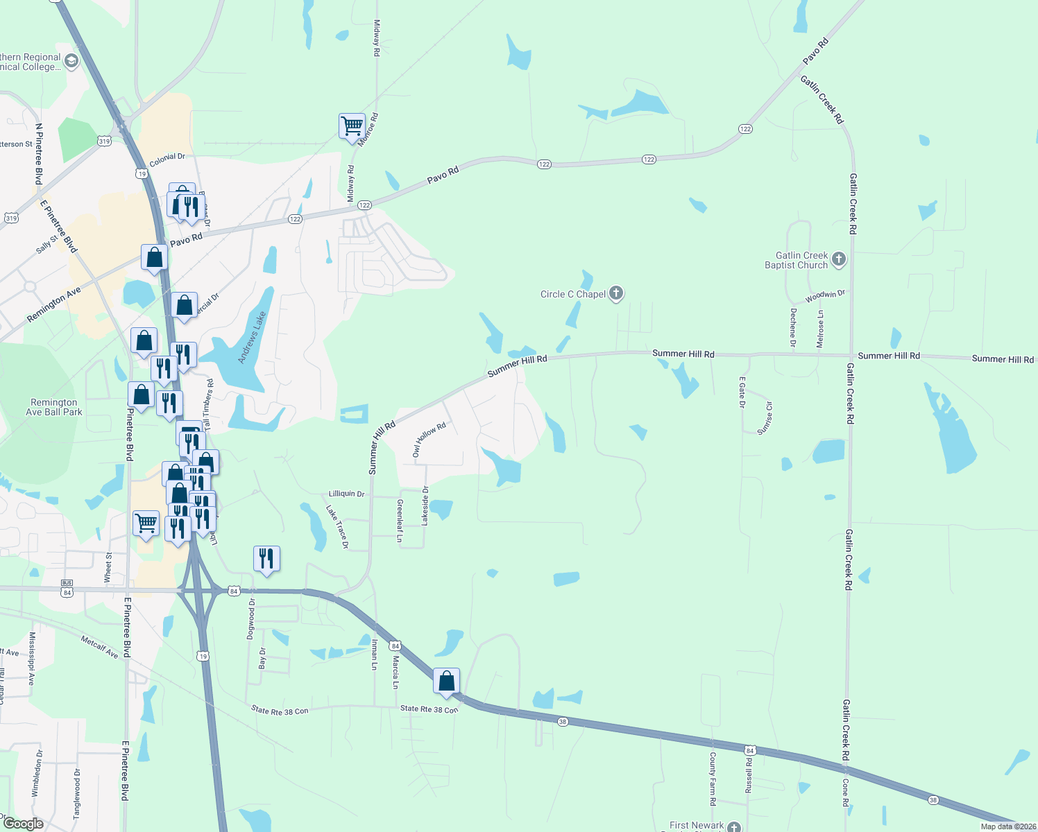 map of restaurants, bars, coffee shops, grocery stores, and more near 205 Spruce Pine Drive in Thomasville