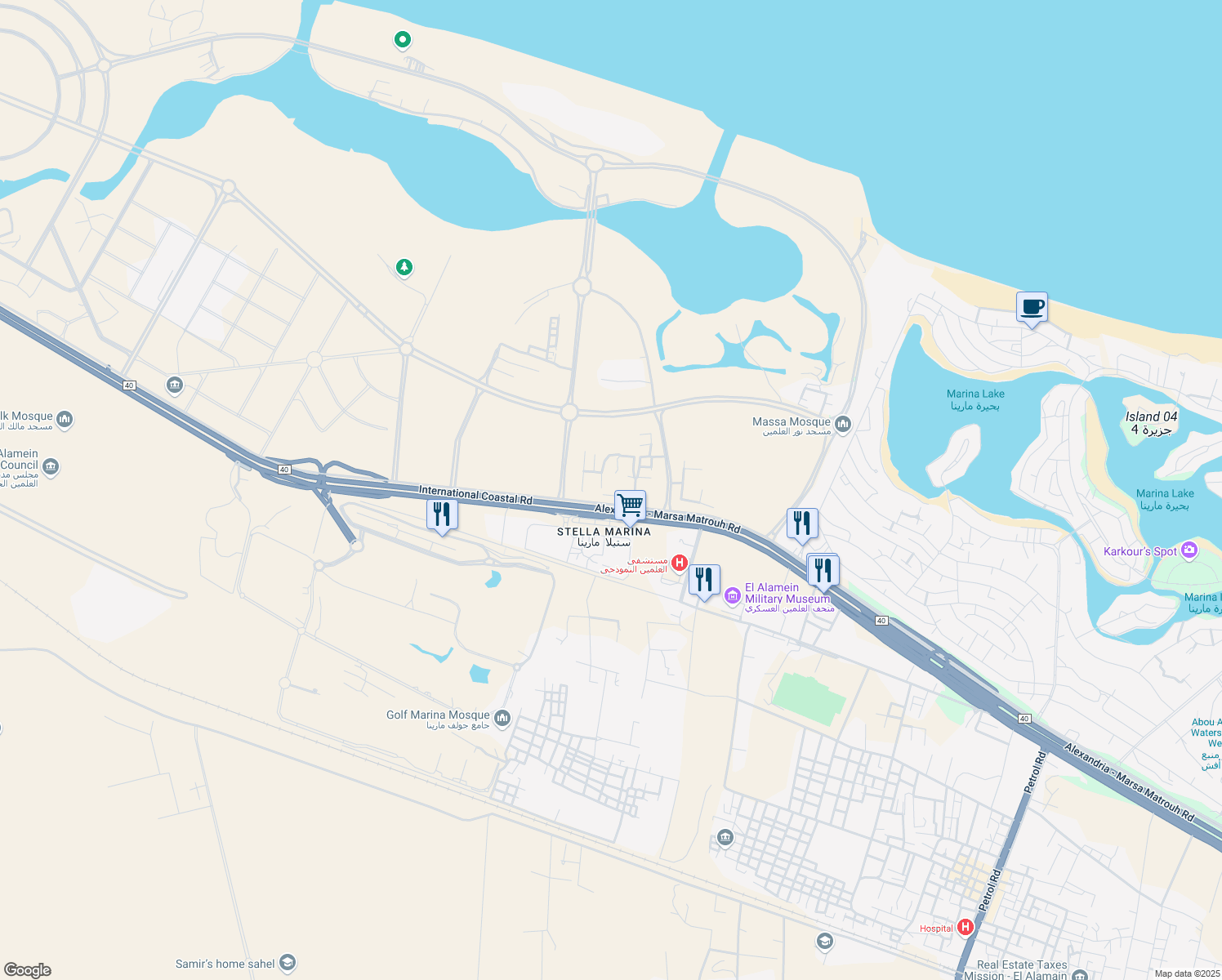 map of restaurants, bars, coffee shops, grocery stores, and more near Alexandria - Marsa Matrouh Road in Markaz Al Alamein