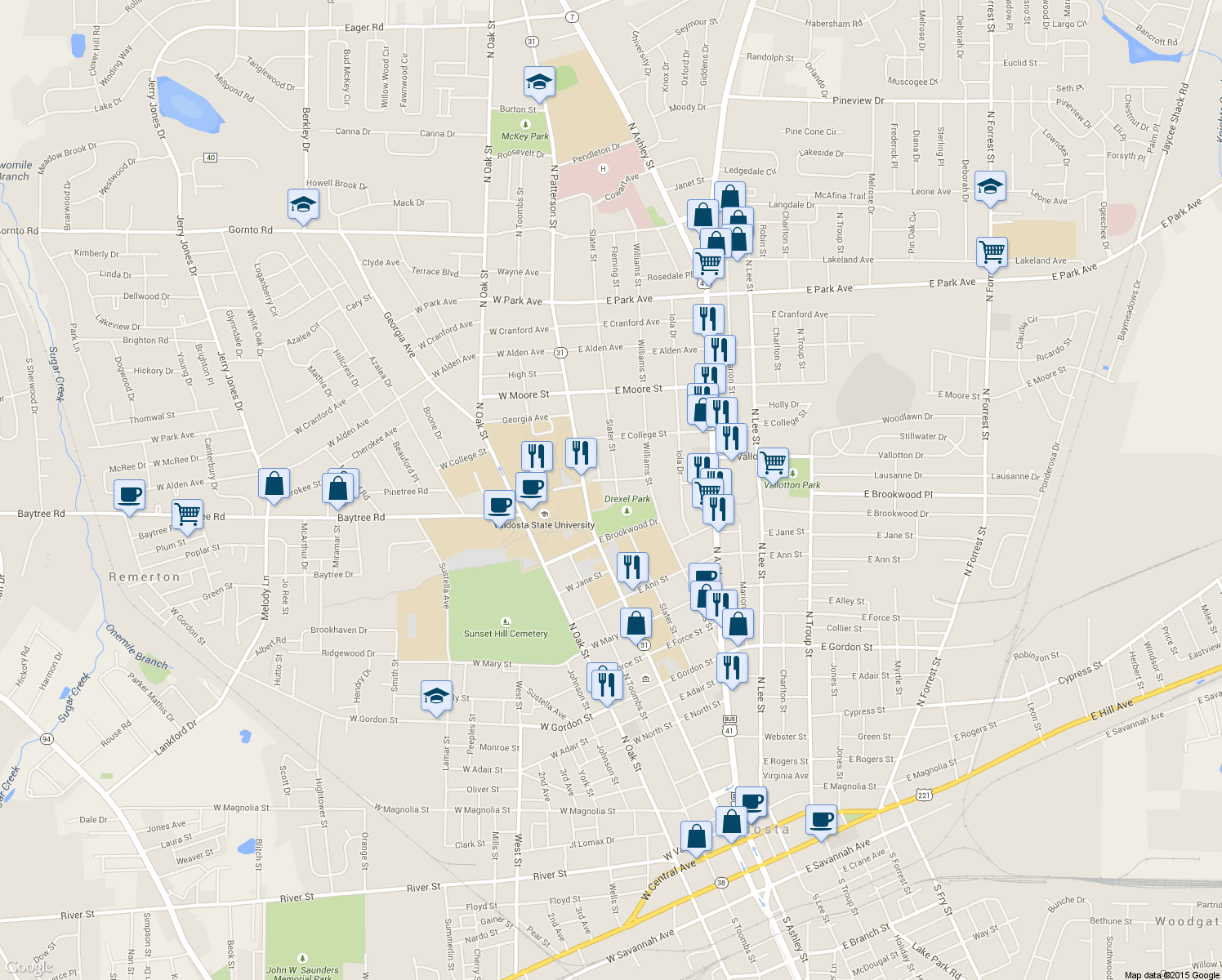map of restaurants, bars, coffee shops, grocery stores, and more near 8 Brookwood Circle in Valdosta
