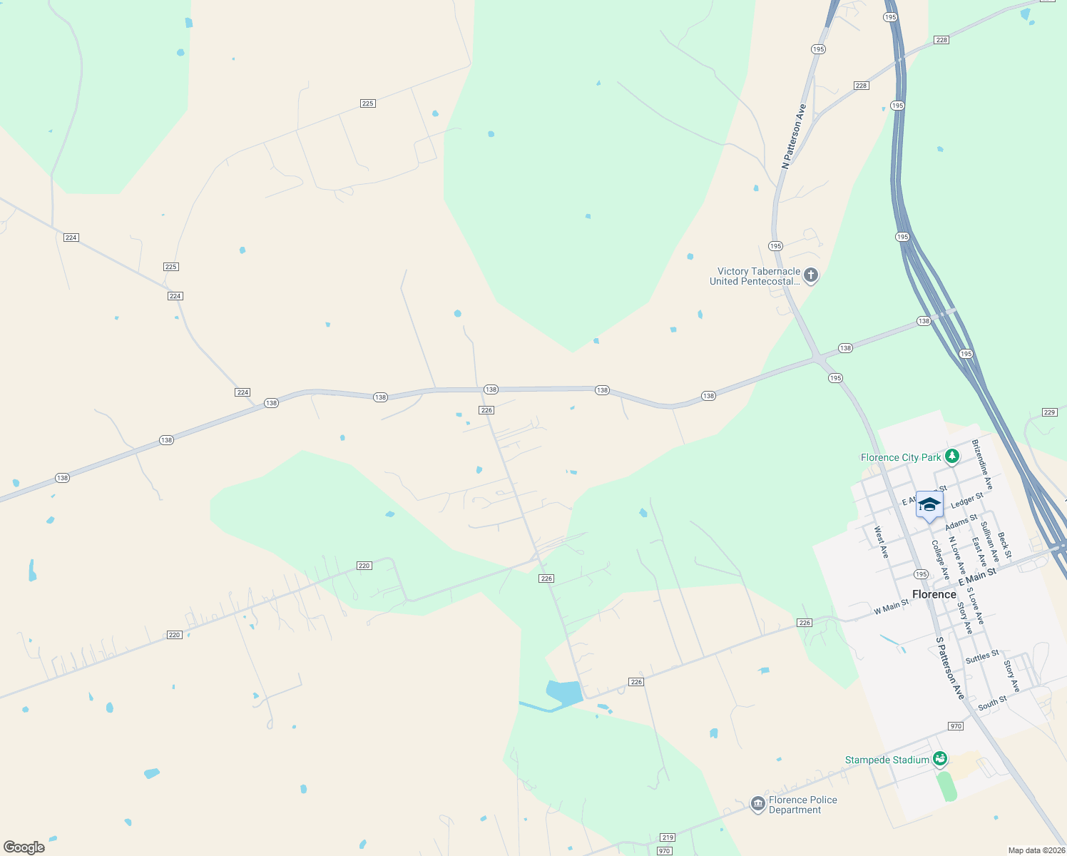 map of restaurants, bars, coffee shops, grocery stores, and more near 111 Private Road 942 in Florence