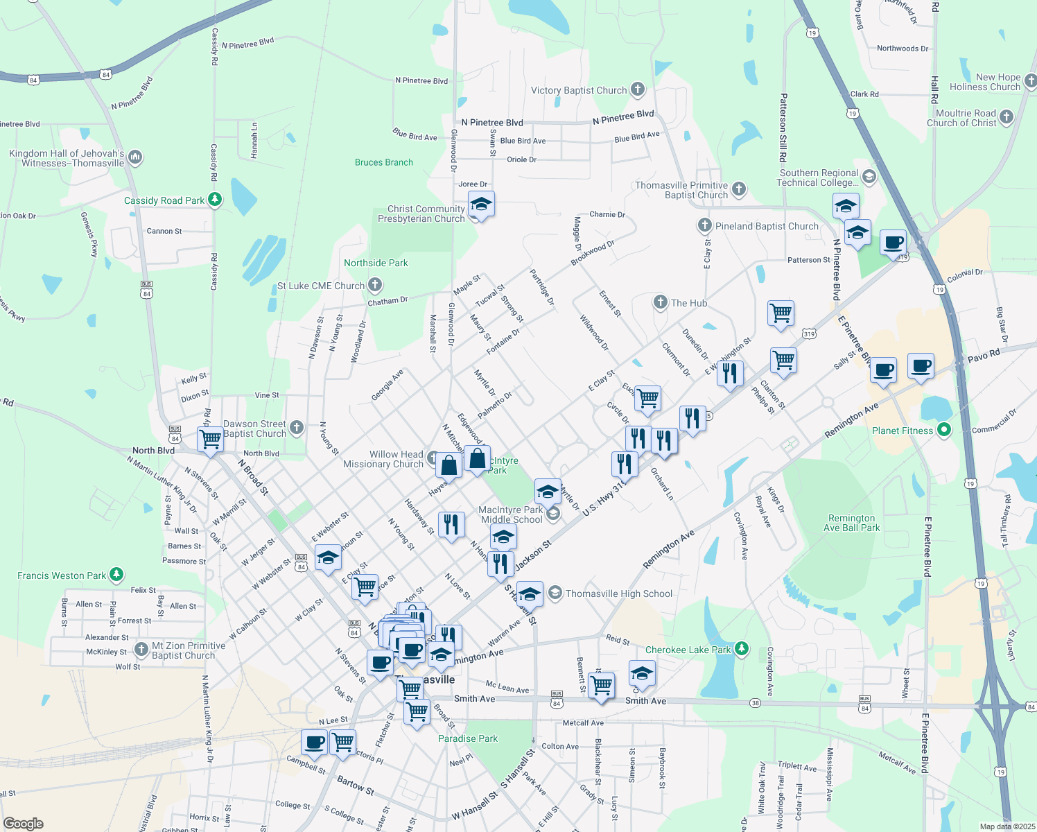map of restaurants, bars, coffee shops, grocery stores, and more near 312 Myrtle Drive in Thomasville