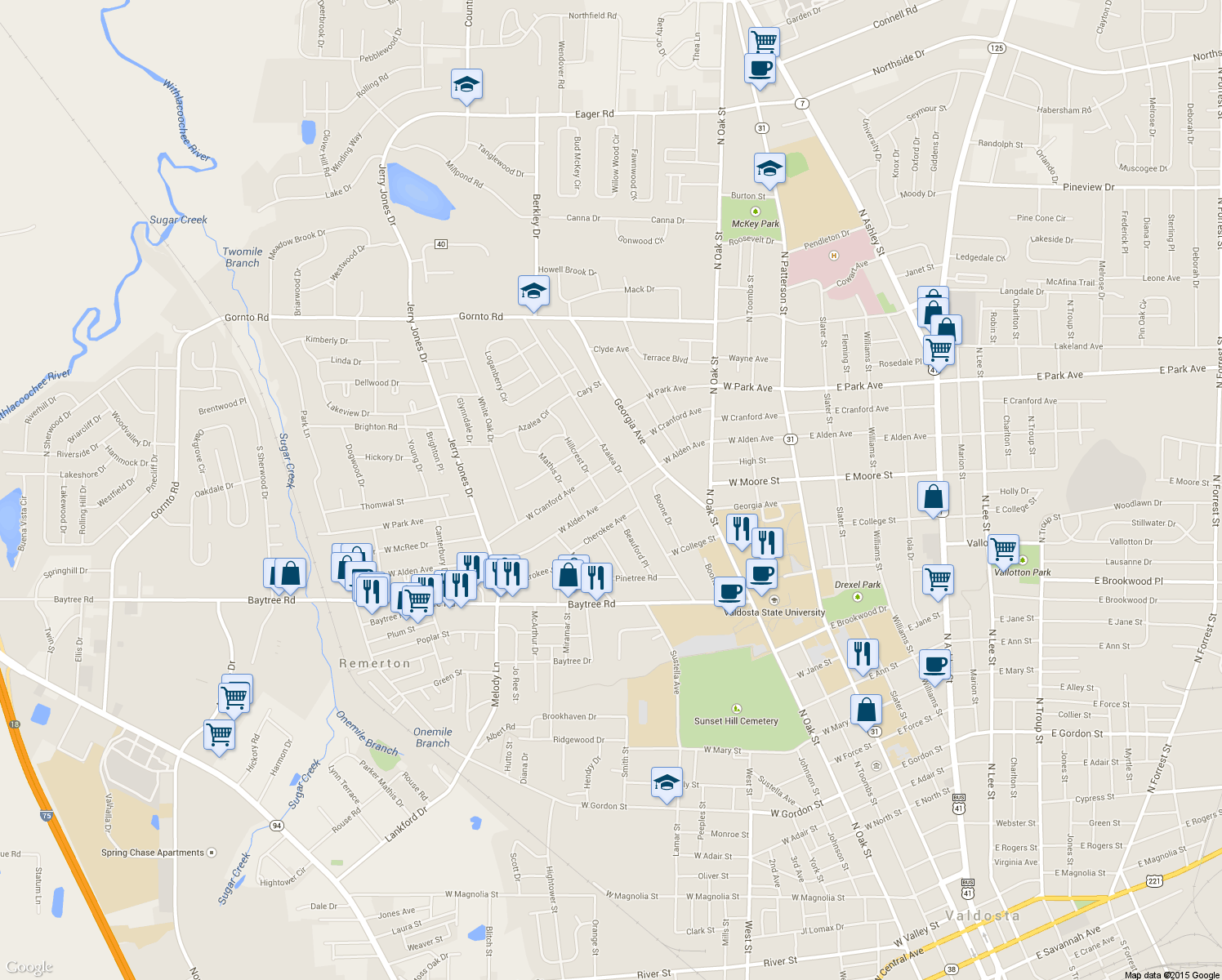 map of restaurants, bars, coffee shops, grocery stores, and more near 608 West Alden Avenue in Valdosta