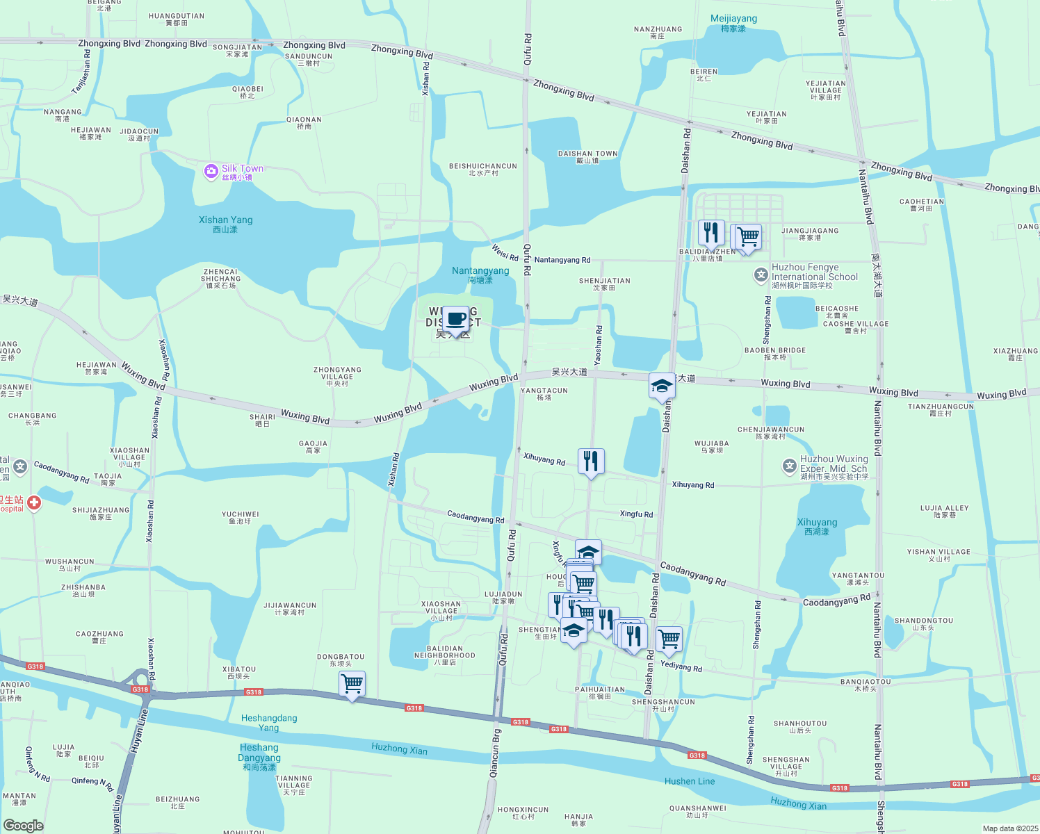 map of restaurants, bars, coffee shops, grocery stores, and more near Qu Fu Lu in Hu Zhou Shi