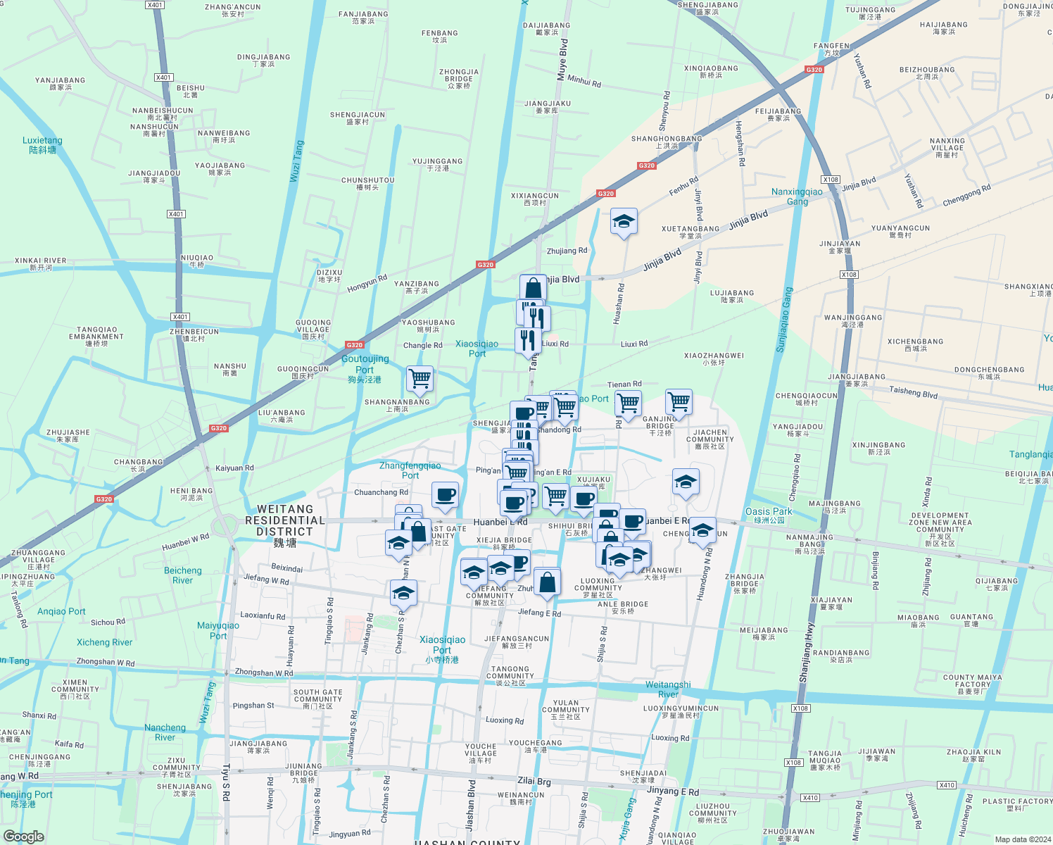 map of restaurants, bars, coffee shops, grocery stores, and more near Tan Gong Bei Lu in Jia Xing Shi