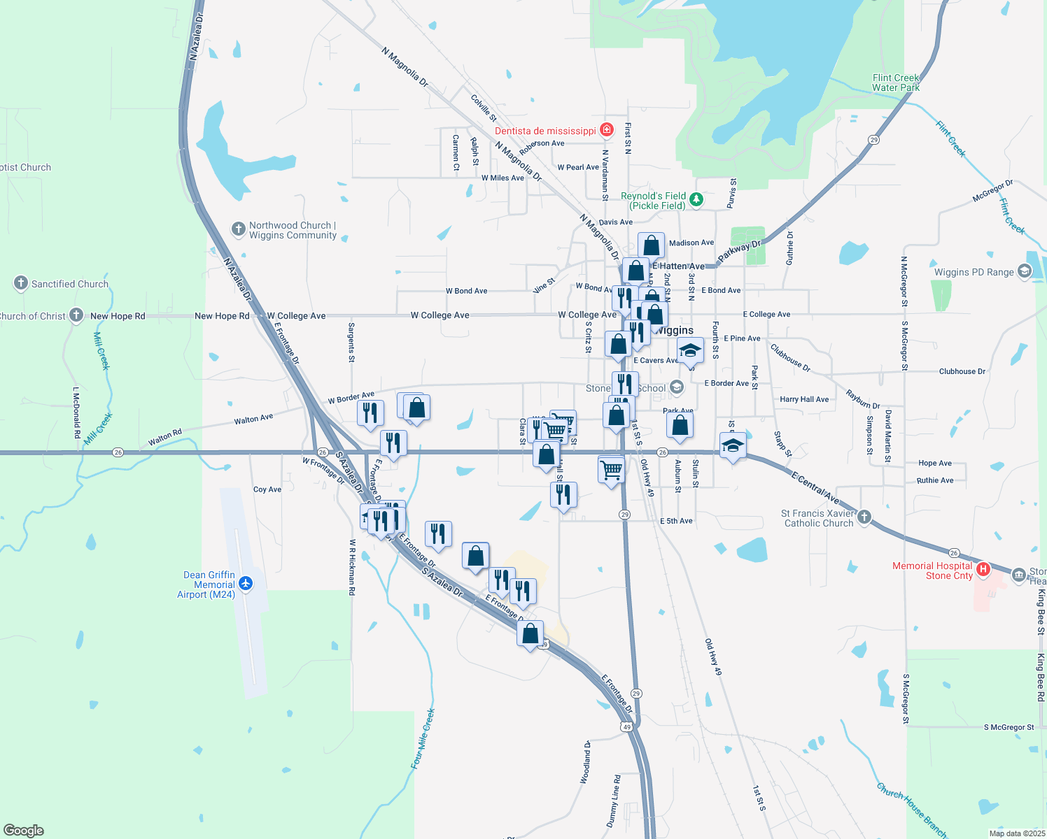 map of restaurants, bars, coffee shops, grocery stores, and more near 698 W 2nd Ave in Wiggins