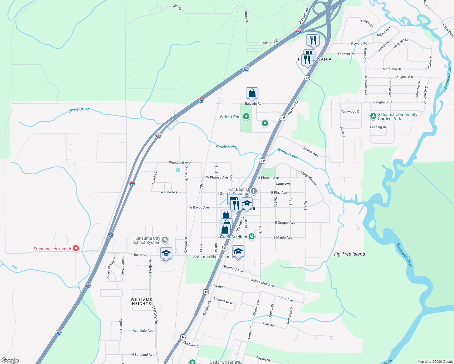 map of restaurants, bars, coffee shops, grocery stores, and more near 5669 5th Street in Satsuma