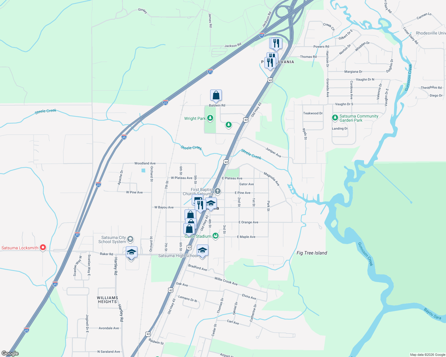 map of restaurants, bars, coffee shops, grocery stores, and more near 5698 Old U.S. 43 in Satsuma