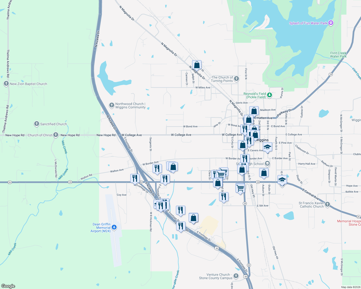 map of restaurants, bars, coffee shops, grocery stores, and more near 924 Whispering Hollow St in Wiggins