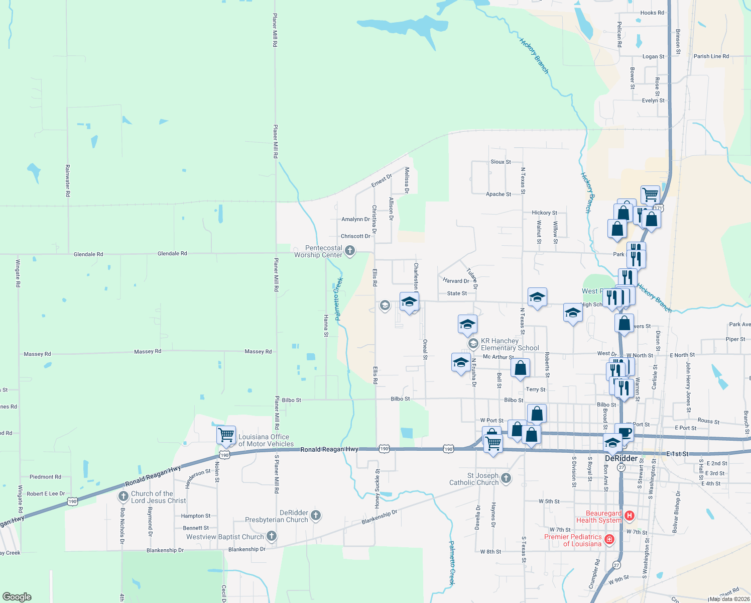 map of restaurants, bars, coffee shops, grocery stores, and more near 1598 High School Dr in DeRidder