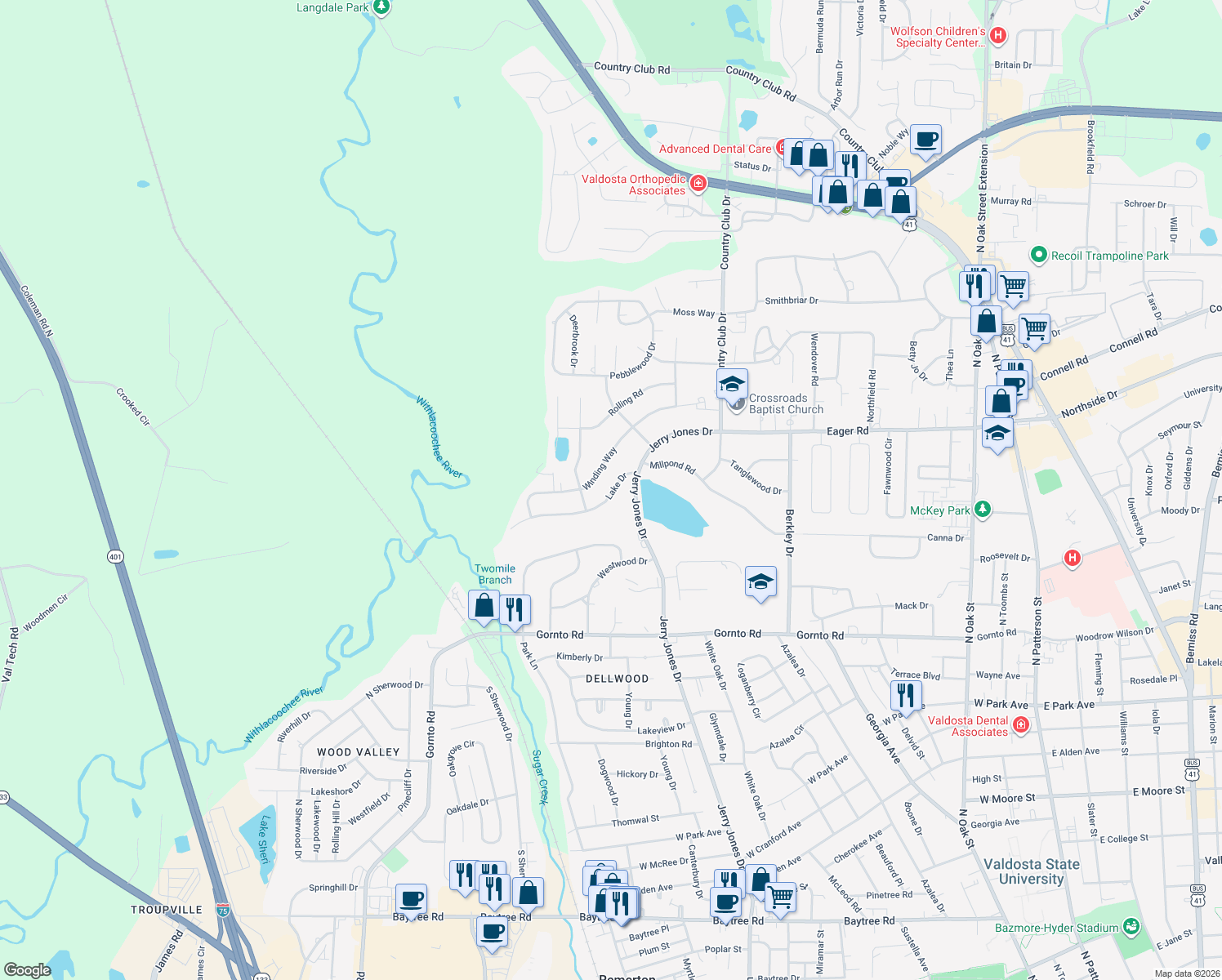 map of restaurants, bars, coffee shops, grocery stores, and more near 1109 Lake Dr in Valdosta