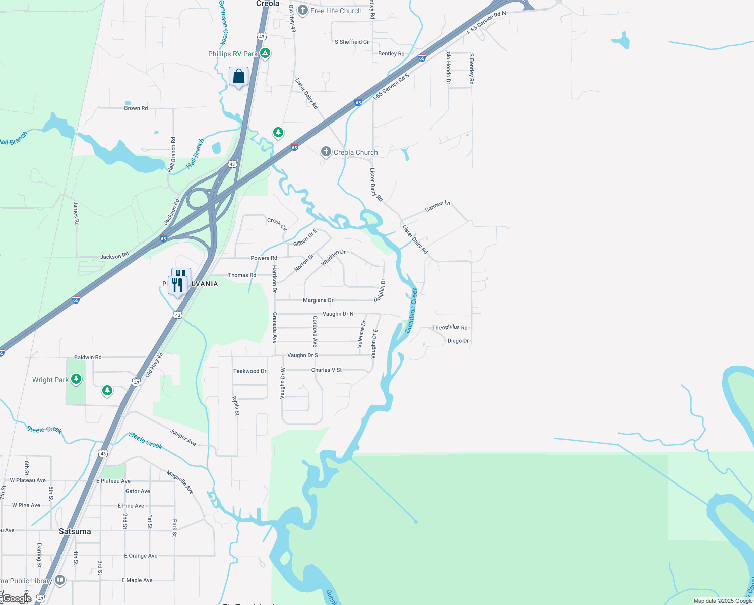 map of restaurants, bars, coffee shops, grocery stores, and more near 762 Dolphin Drive in Satsuma