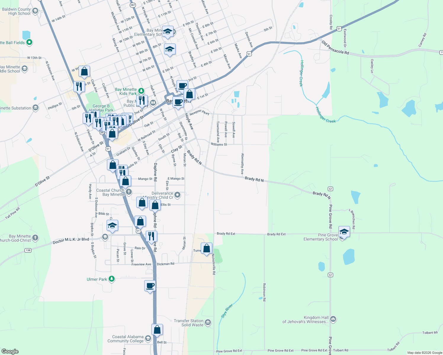 map of restaurants, bars, coffee shops, grocery stores, and more near 810 Brady Rd in Bay Minette