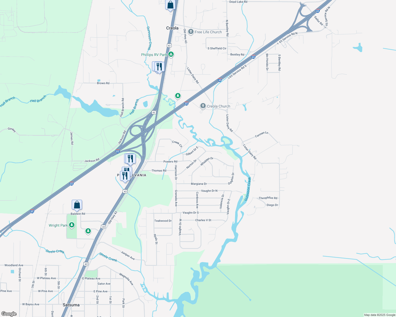 map of restaurants, bars, coffee shops, grocery stores, and more near 6299 Pine Laurel Ct in Satsuma