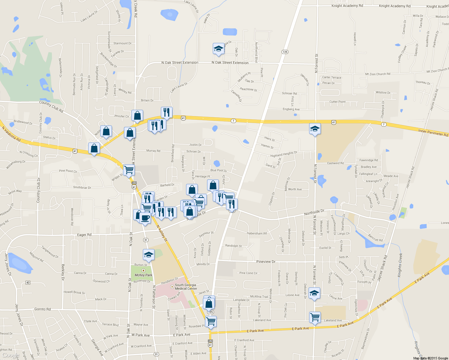 map of restaurants, bars, coffee shops, grocery stores, and more near 2900 Callaway Circle in Valdosta