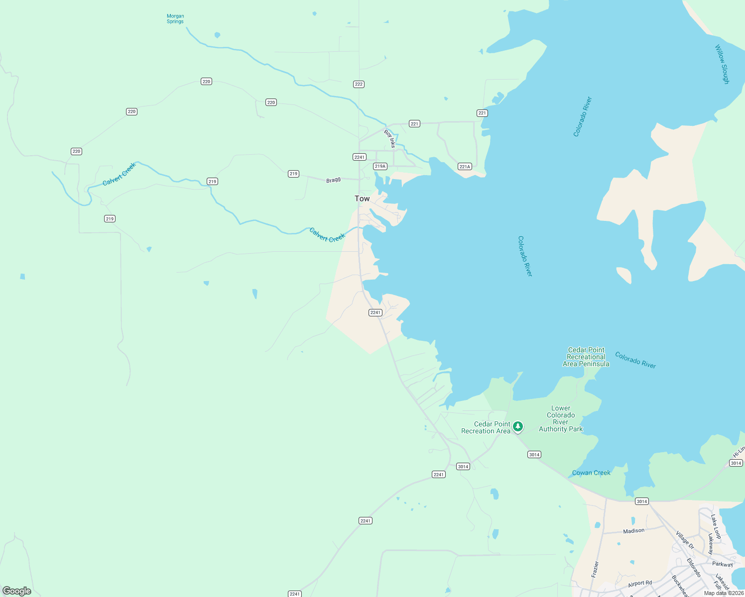 map of restaurants, bars, coffee shops, grocery stores, and more near 16600 Ranch Road 2241 in Tow
