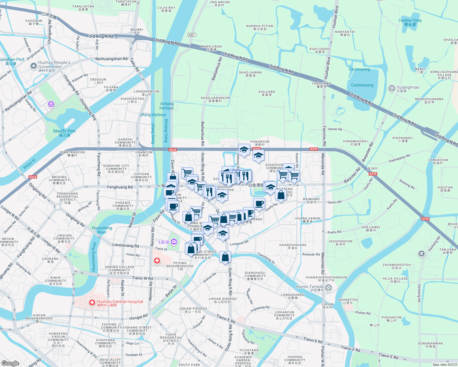map of restaurants, bars, coffee shops, grocery stores, and more near 221 Bai Yu Tan Lu in Hu Zhou Shi