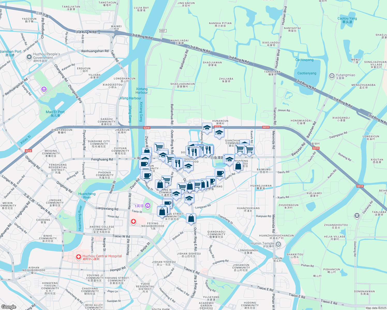 map of restaurants, bars, coffee shops, grocery stores, and more near 221 Bai Yu Tan Lu in Hu Zhou Shi