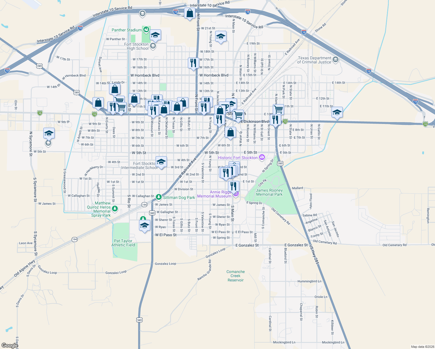 map of restaurants, bars, coffee shops, grocery stores, and more near 300 West 2nd Street in Fort Stockton