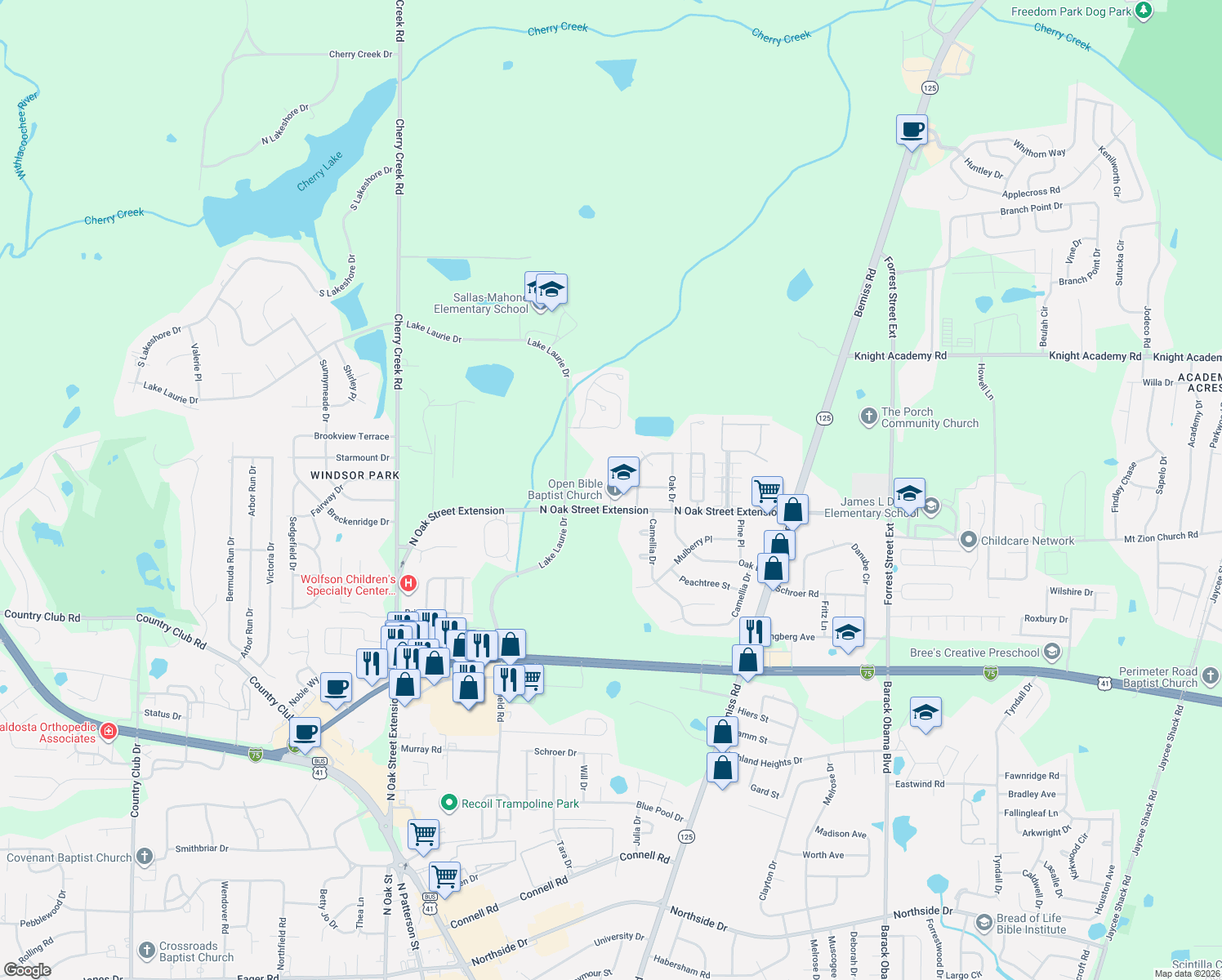 map of restaurants, bars, coffee shops, grocery stores, and more near 3698 Boy's Club Rd in Valdosta