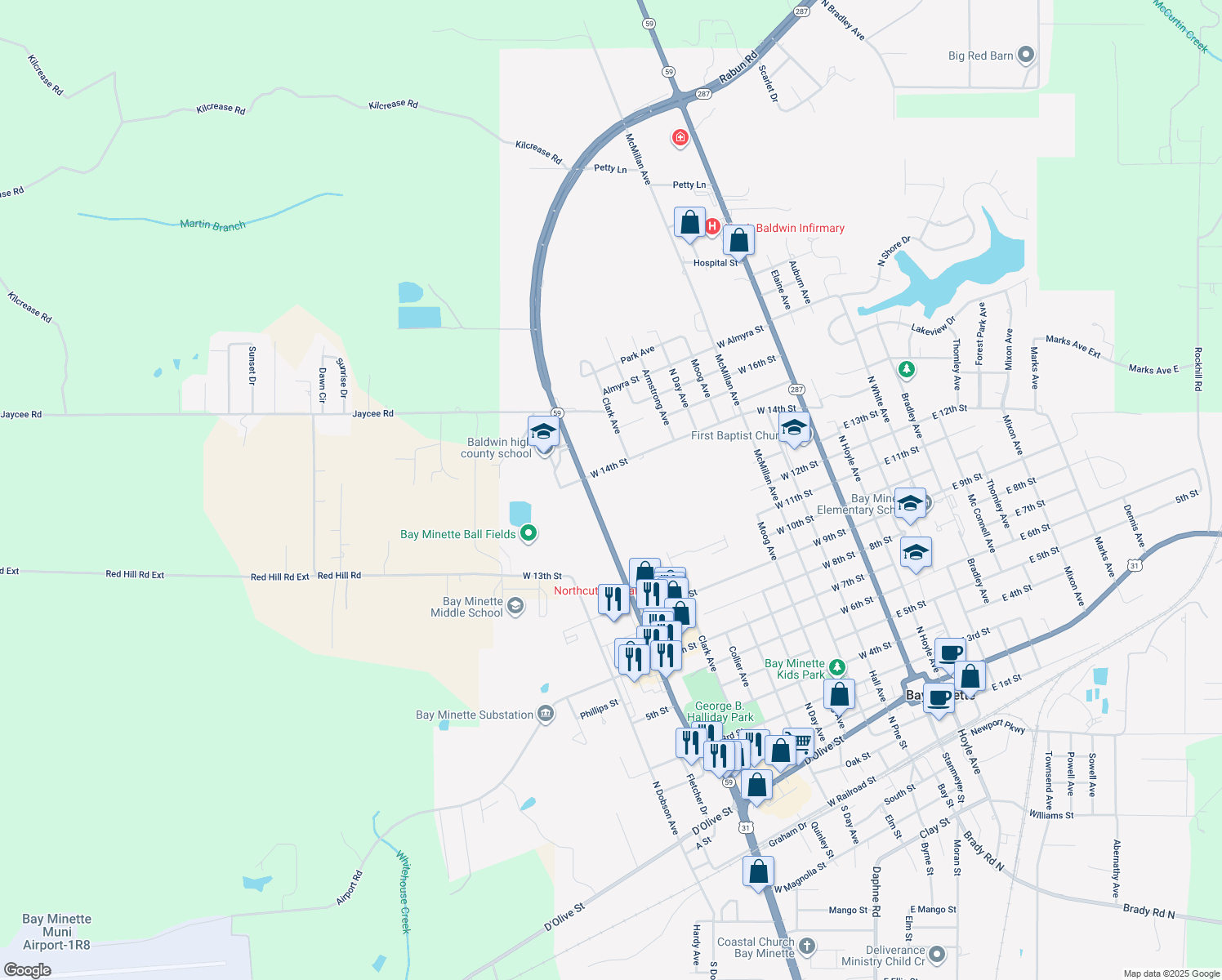 map of restaurants, bars, coffee shops, grocery stores, and more near 1310 McMeans Avenue in Bay Minette