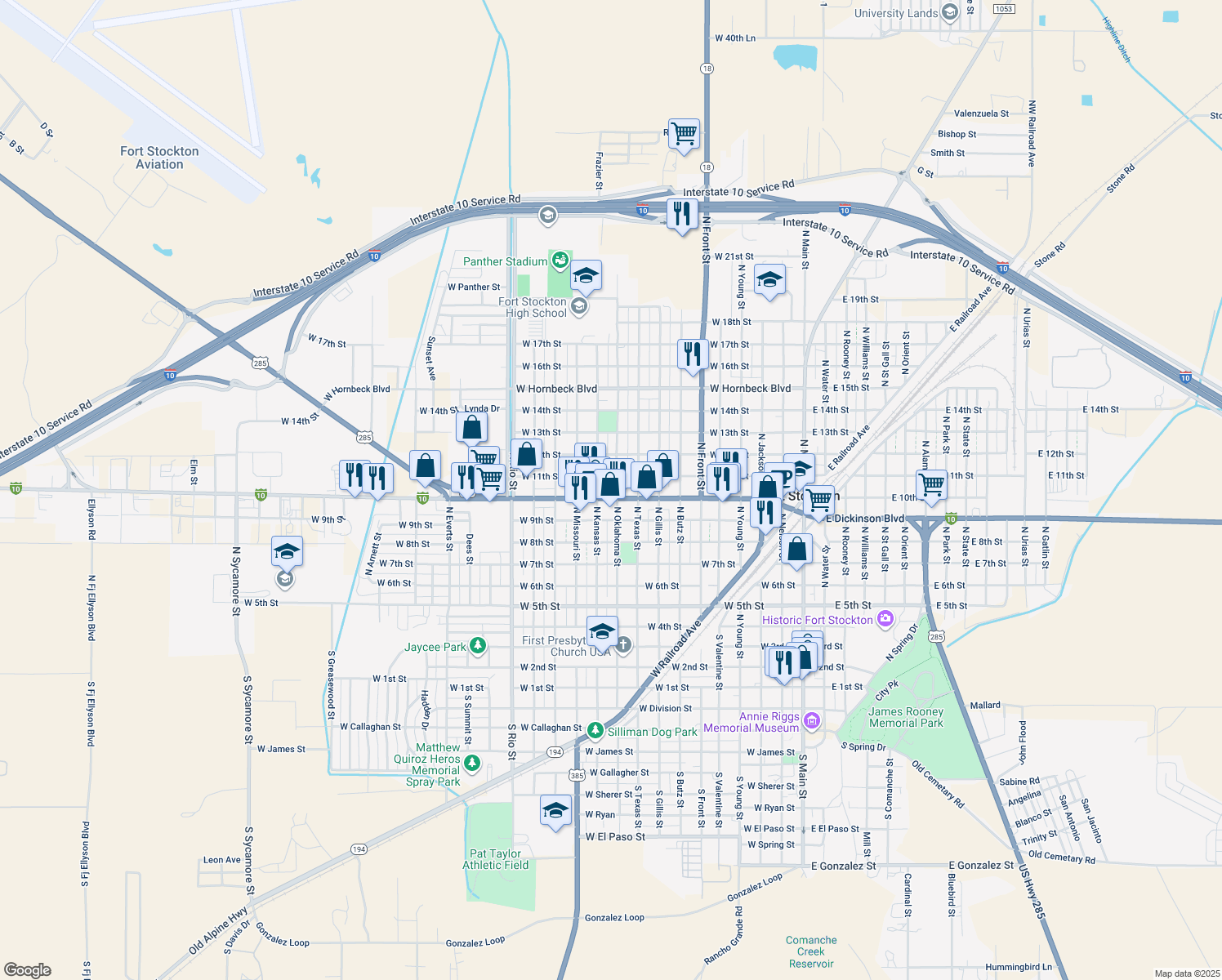 map of restaurants, bars, coffee shops, grocery stores, and more near 1000 West Dickinson Boulevard in Fort Stockton