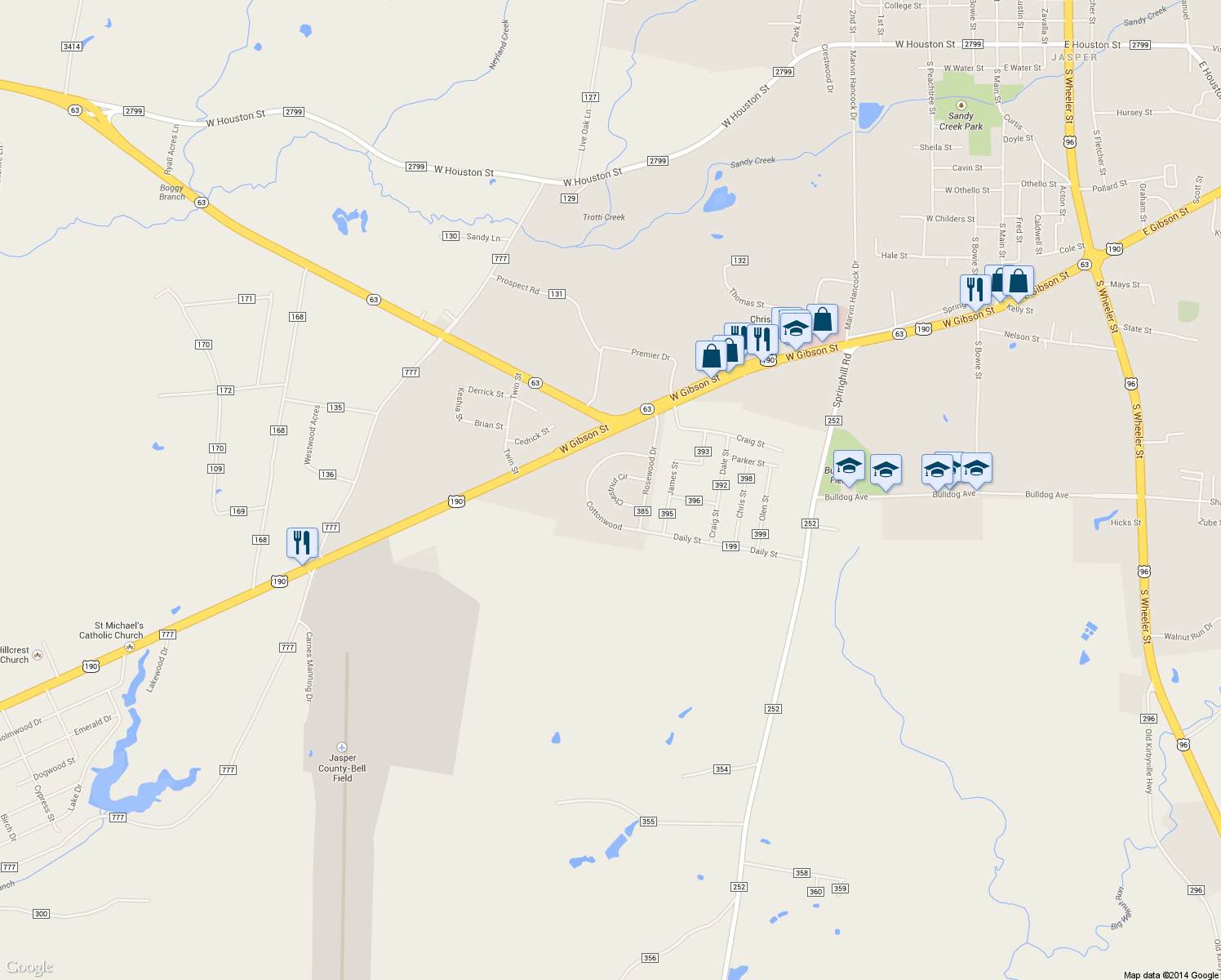 map of restaurants, bars, coffee shops, grocery stores, and more near 37 Chestnut Cir in Jasper