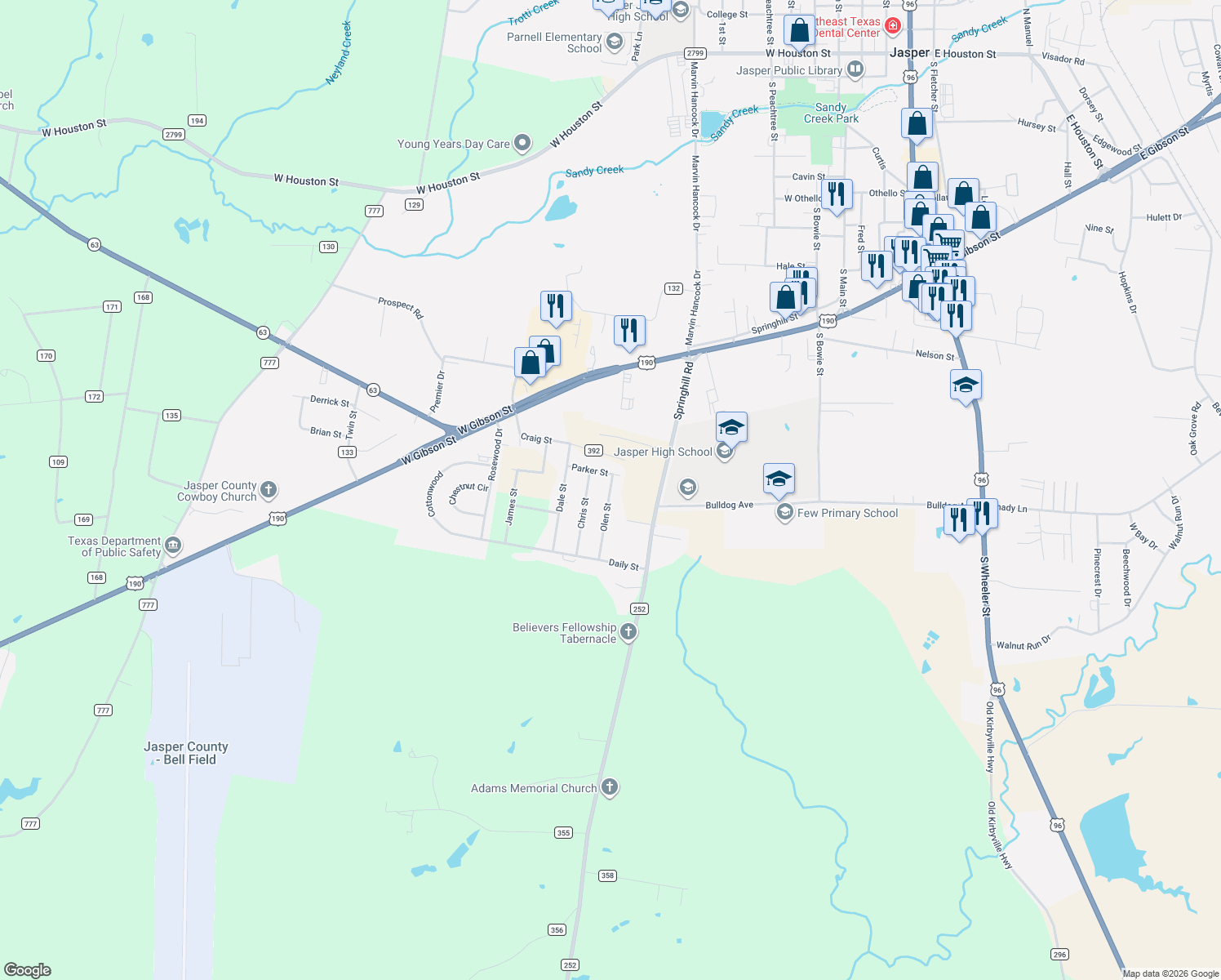 map of restaurants, bars, coffee shops, grocery stores, and more near 115 Olen Street in Jasper