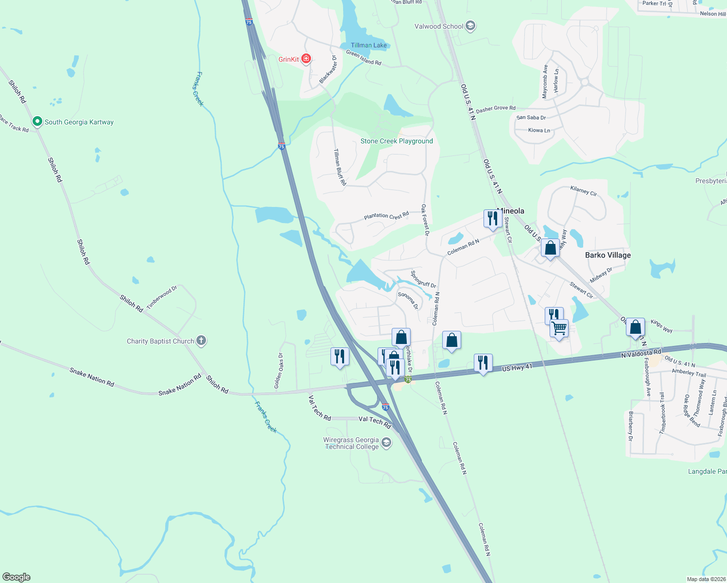 map of restaurants, bars, coffee shops, grocery stores, and more near 4101 Northlake Drive in Hahira