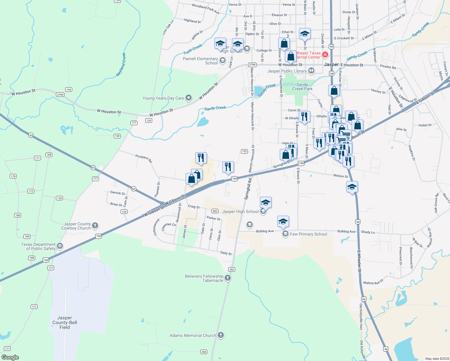 map of restaurants, bars, coffee shops, grocery stores, and more near 612 West Gibson Street in Jasper
