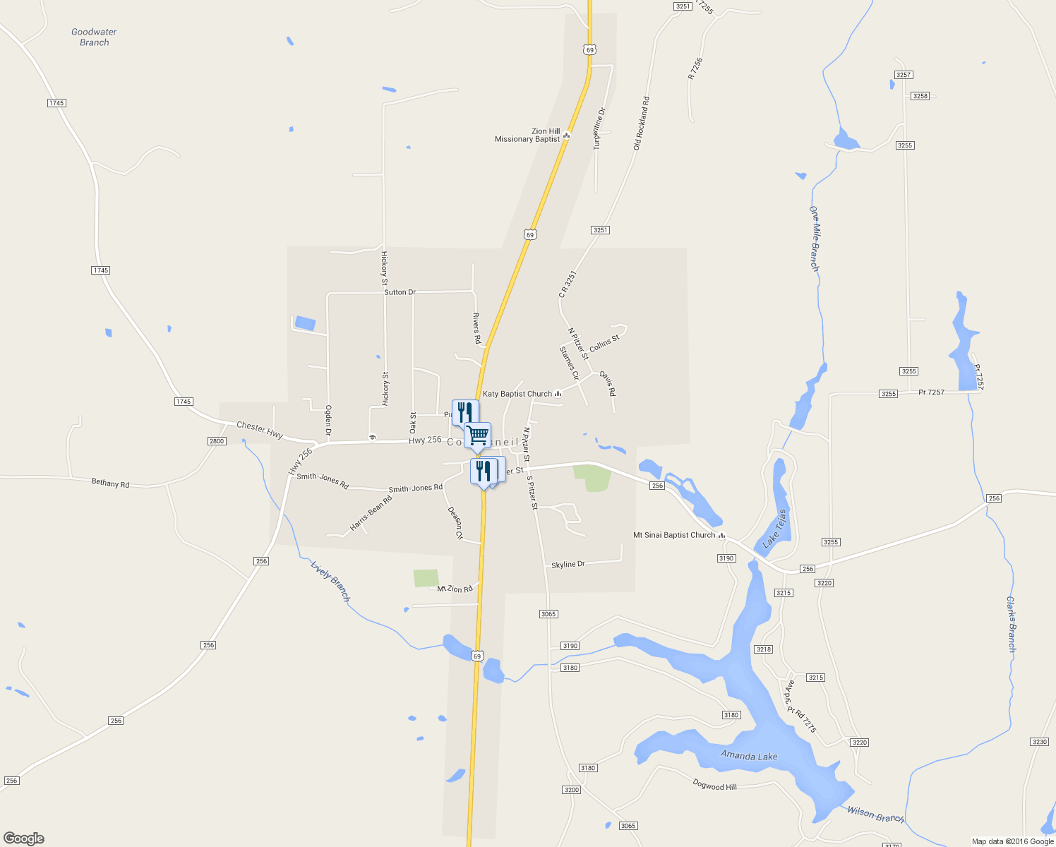 map of restaurants, bars, coffee shops, grocery stores, and more near 305 North Pitzer Street in Colmesneil