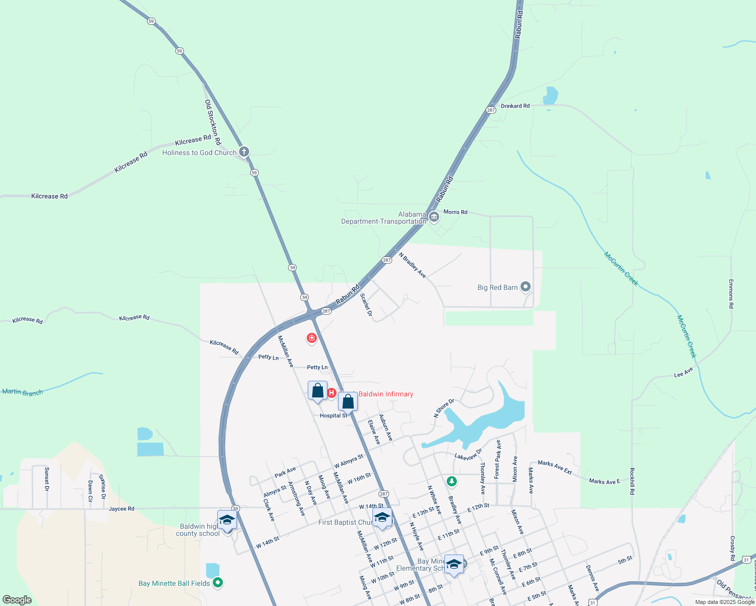 map of restaurants, bars, coffee shops, grocery stores, and more near 47580 Rabun Road in Bay Minette