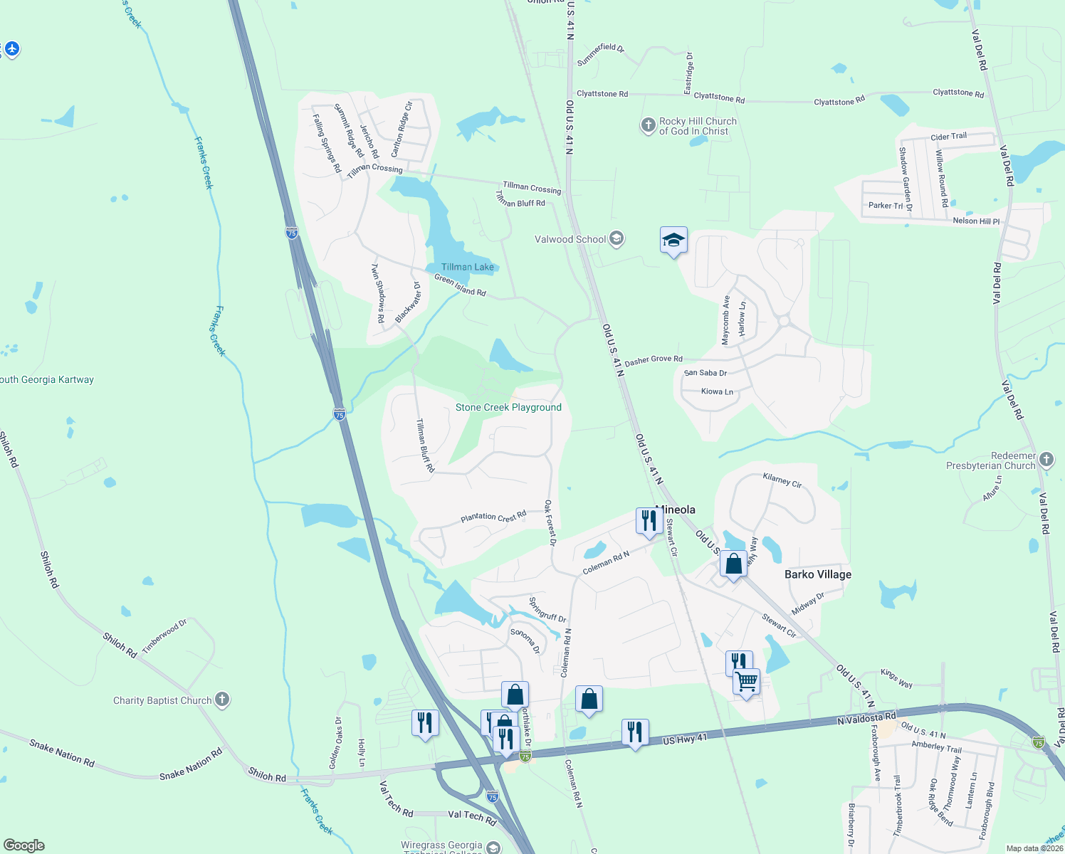 map of restaurants, bars, coffee shops, grocery stores, and more near 4637 Ridgeview Cir in Valdosta