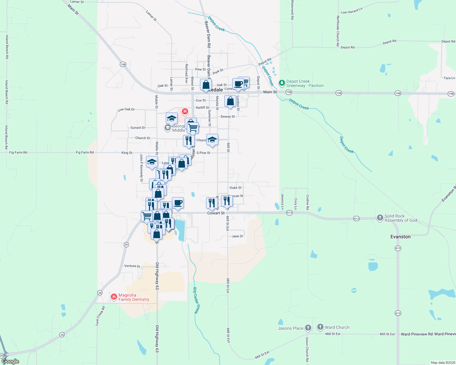 map of restaurants, bars, coffee shops, grocery stores, and more near 85 Lumpkin St in Lucedale