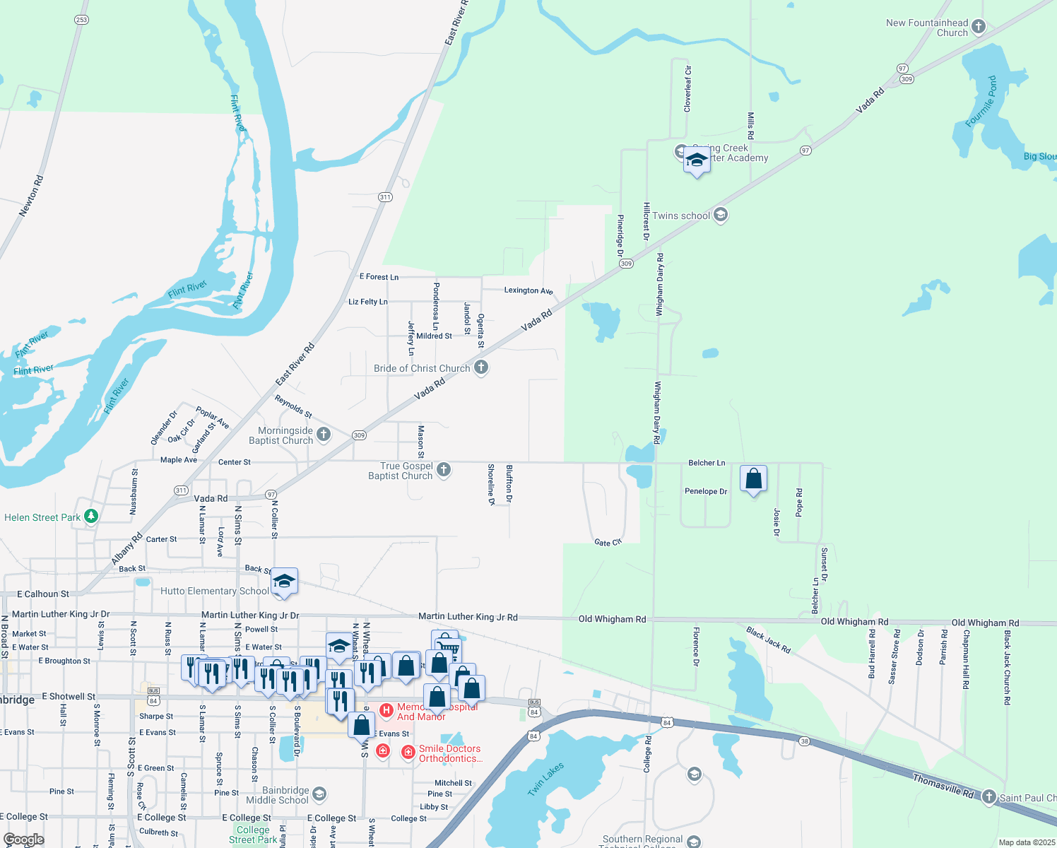 map of restaurants, bars, coffee shops, grocery stores, and more near 1111 Meridian Drive in Bainbridge