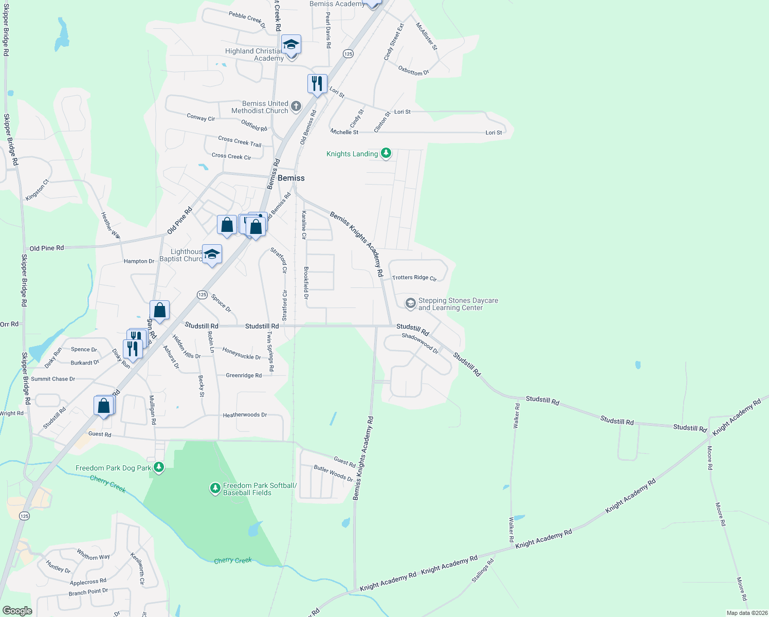 map of restaurants, bars, coffee shops, grocery stores, and more near 3827 Bemiss Knights Academy Road in Valdosta